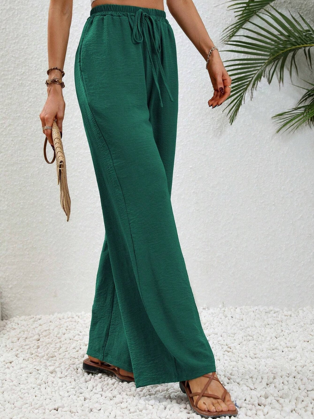 Women Wide Leg Drawstring Pants Lightweight Comfortable Trousers - Image 17