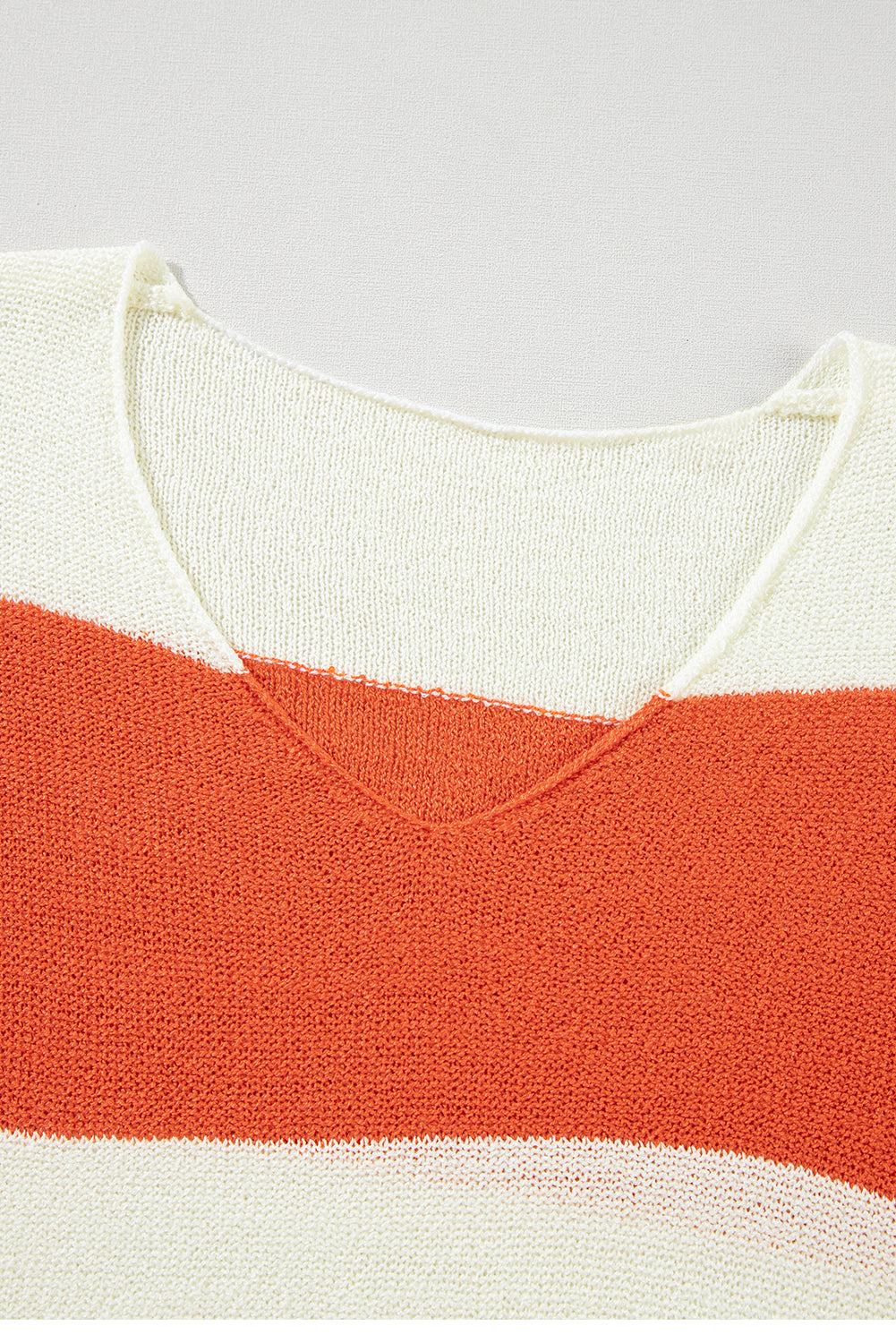 White Orange Striped Drop Shoulder Bubble Sleeve V-Neck Sweater - Image 6