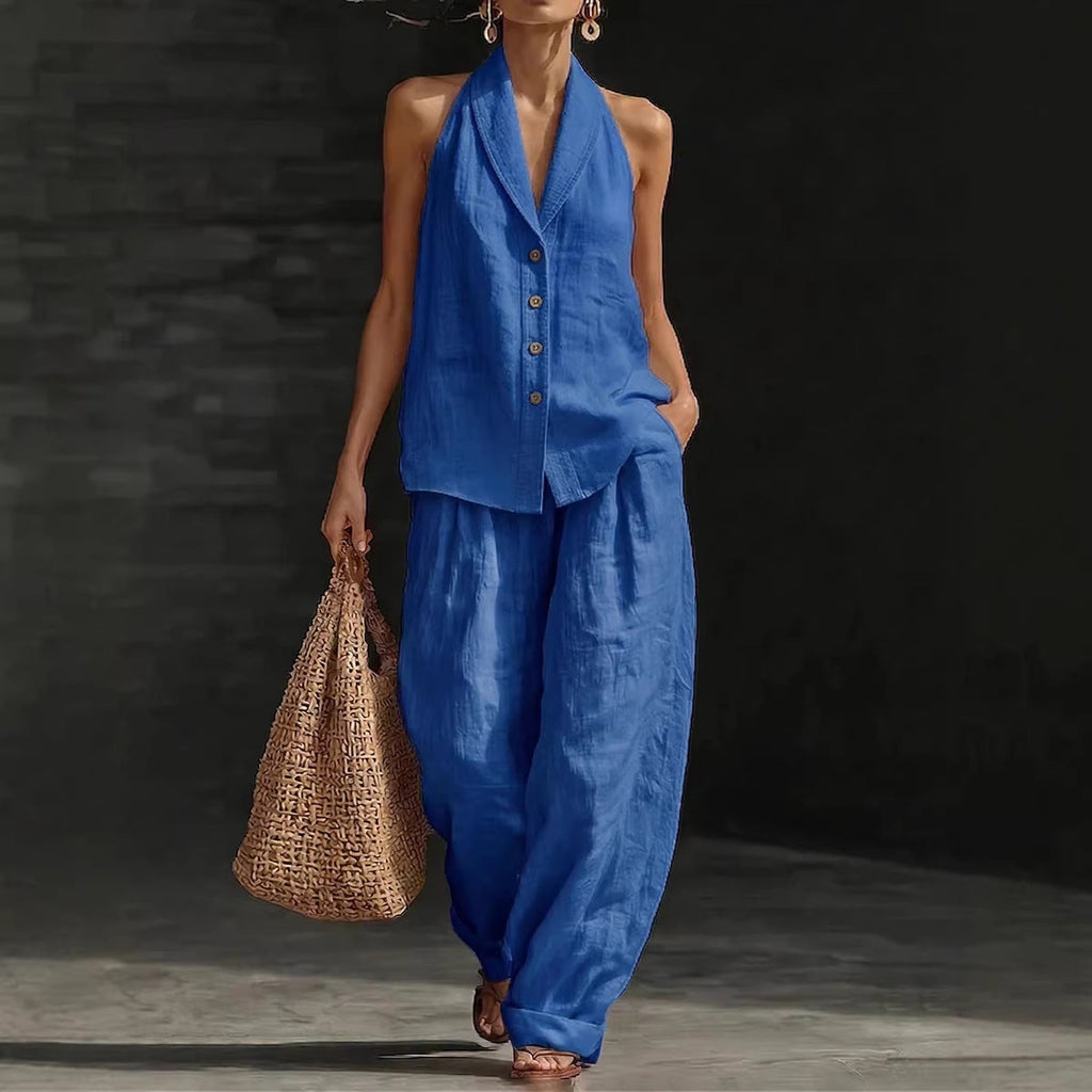 Women's Sleeveless V-Neck Vest and Wide-Leg Cotton Linen Pants Set - Image 2