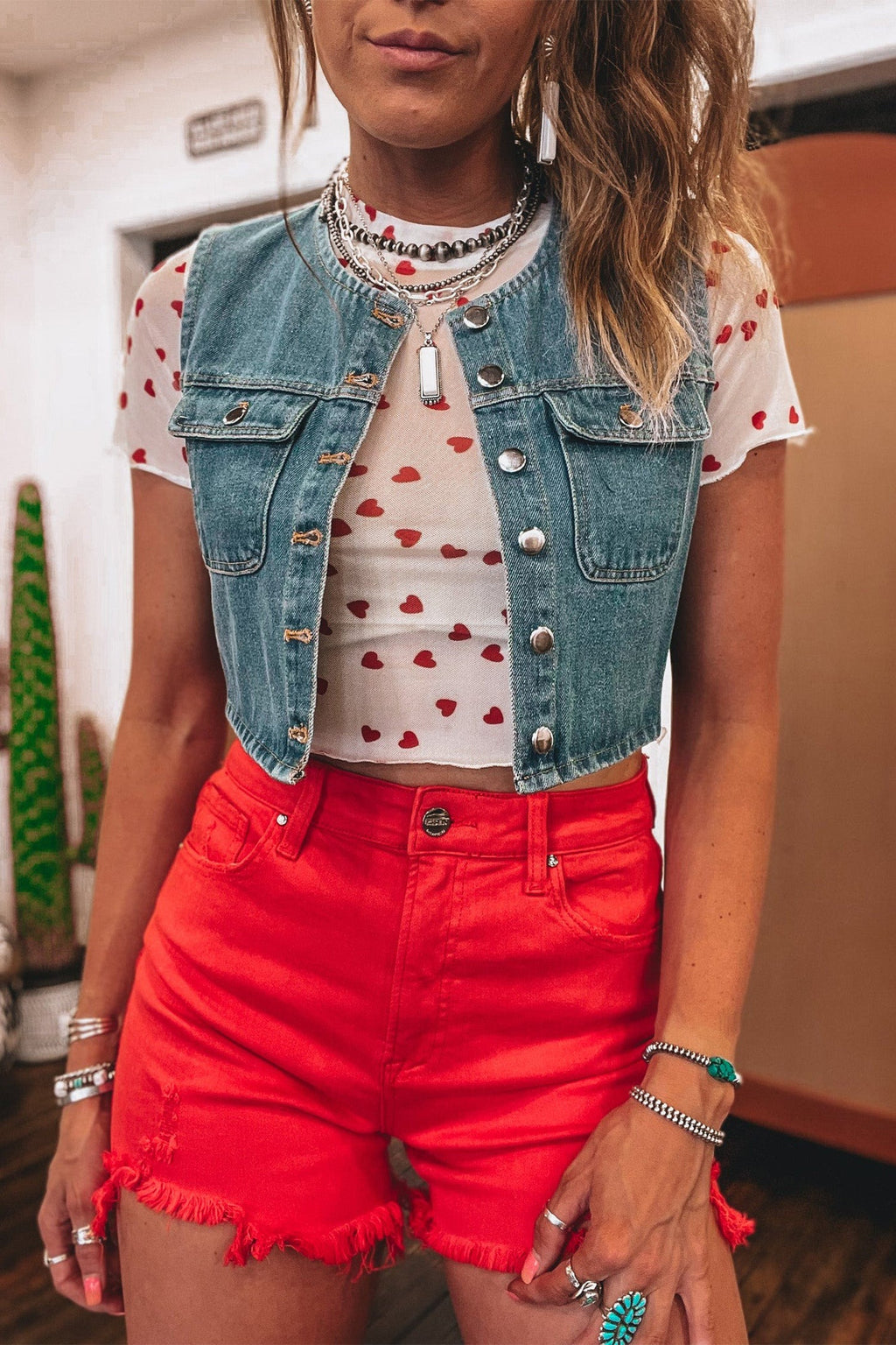 White Red Allover Heart Print Mesh Short Sleeve Crop Top
