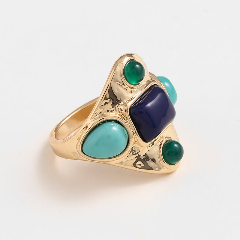 Kenjay European And American Antique Ring Cross-border Fashion Design Popular Jewelry Turquoise Tiger Eye Vintage Ring