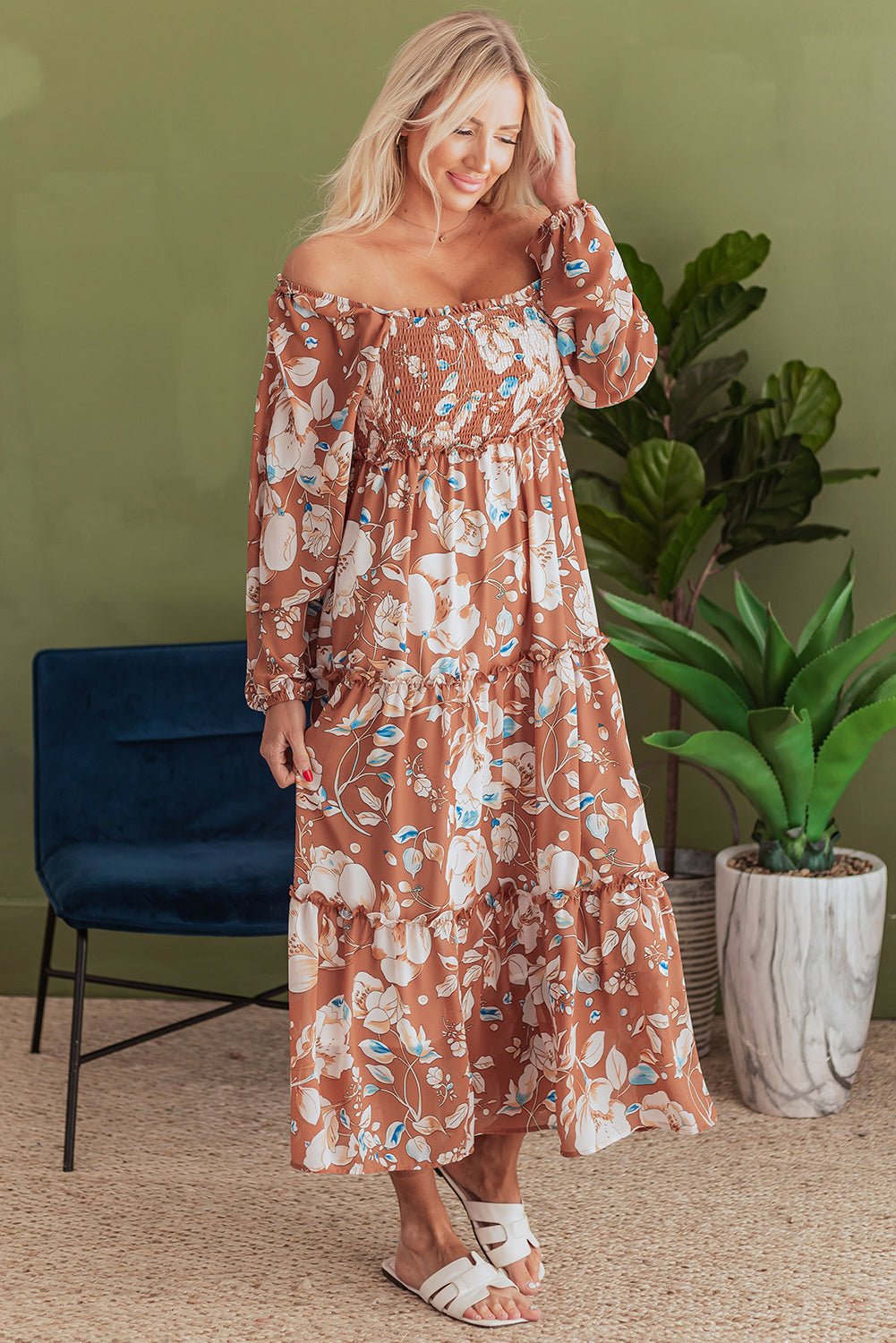 Willow Floral Shirred Square Neck Long Sleeve Maxi Dress