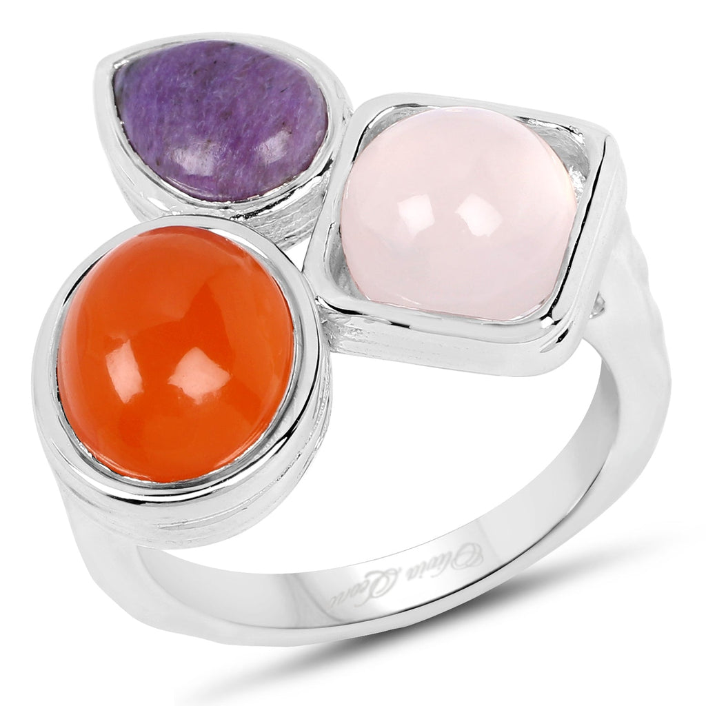 5.21 Carat Genuine Rose Quartz, Carnelian And Charolite .925 Sterling Silver Ring