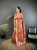 Pastel red soft silk Paithani saree with Mughal-inspired detailing