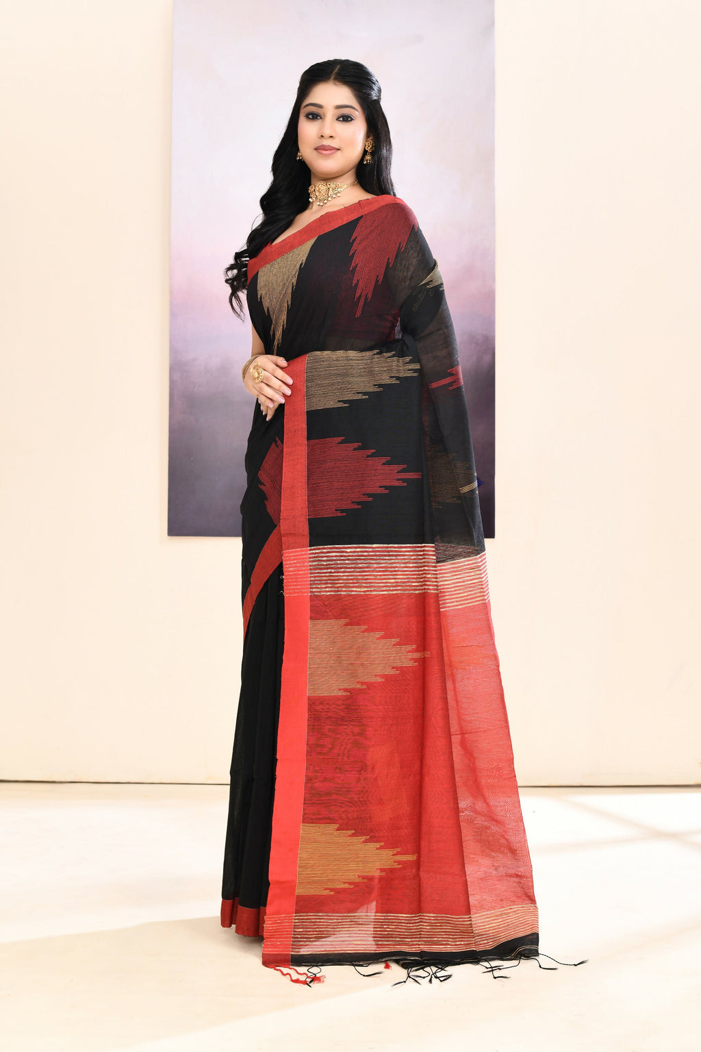 Black Jamdani Saree with Traditional Temple Border Embellishment
