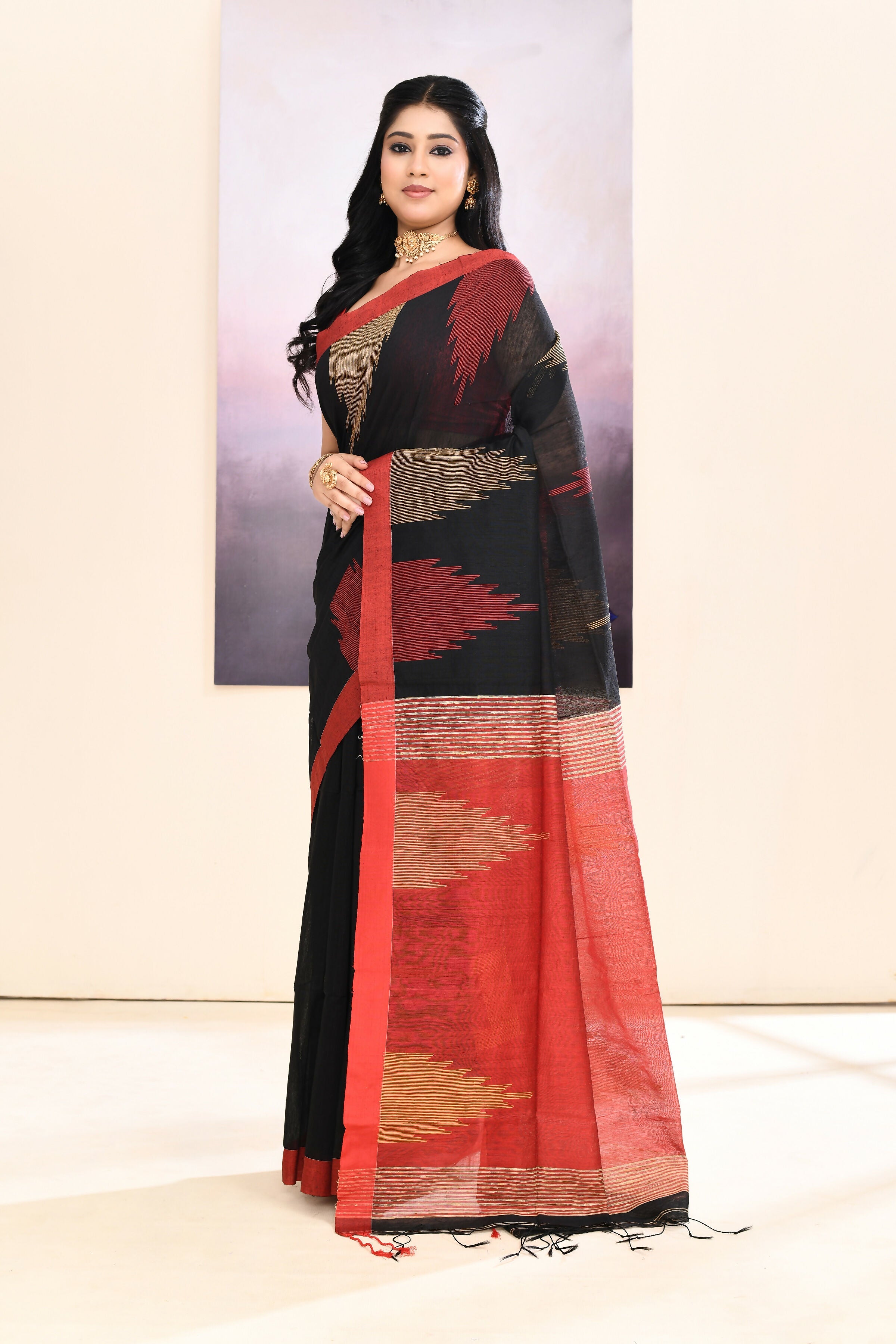 Black Jamdani Saree with Traditional Temple Border Embellishment