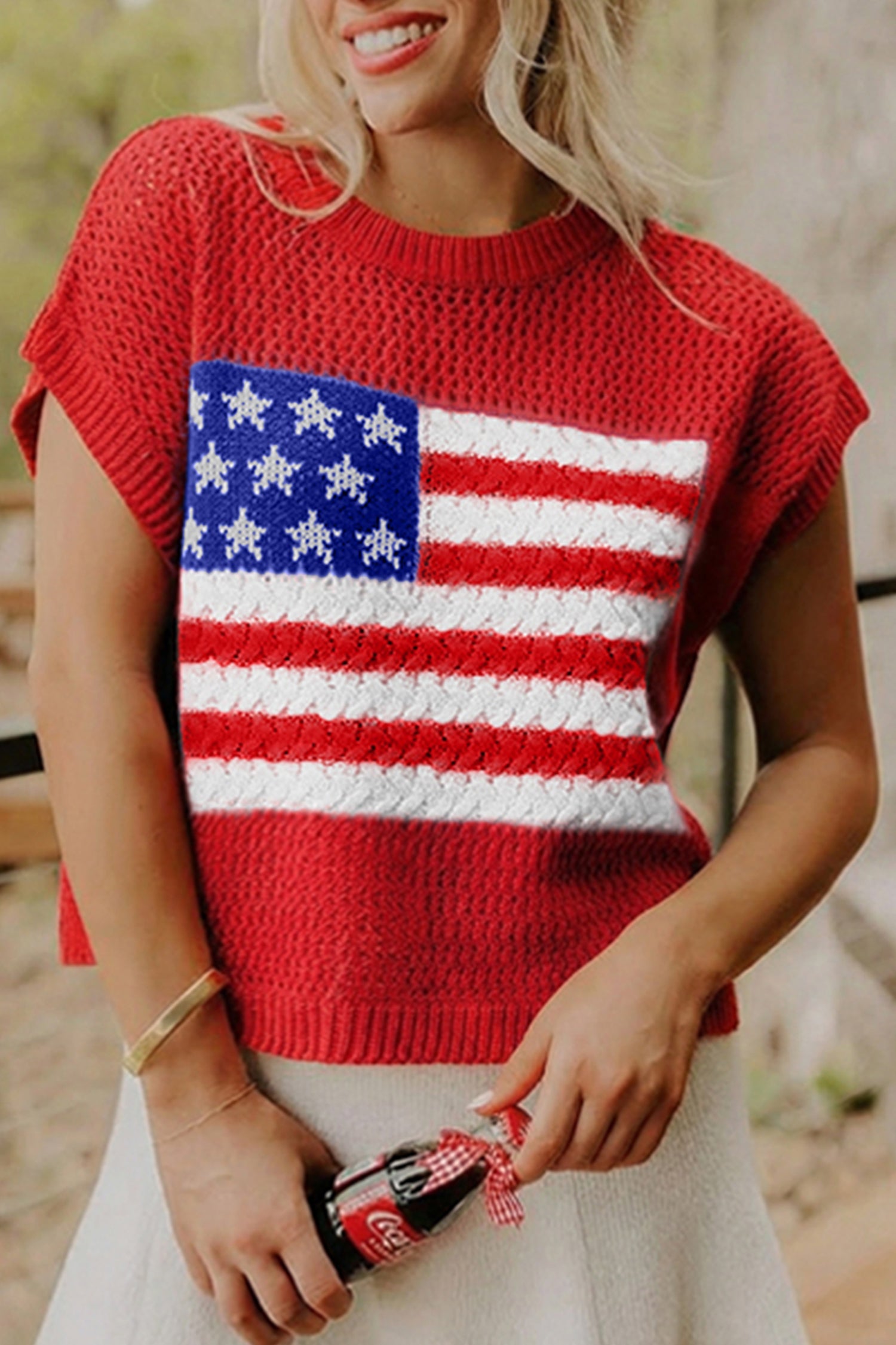 USA Flag Crochet Short Sleeve Sweater Top
