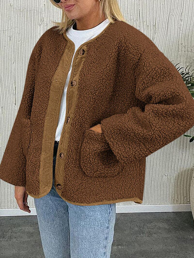 Women's Cozy Sherpa Fleece Button Up Jacket with Functional Pockets
