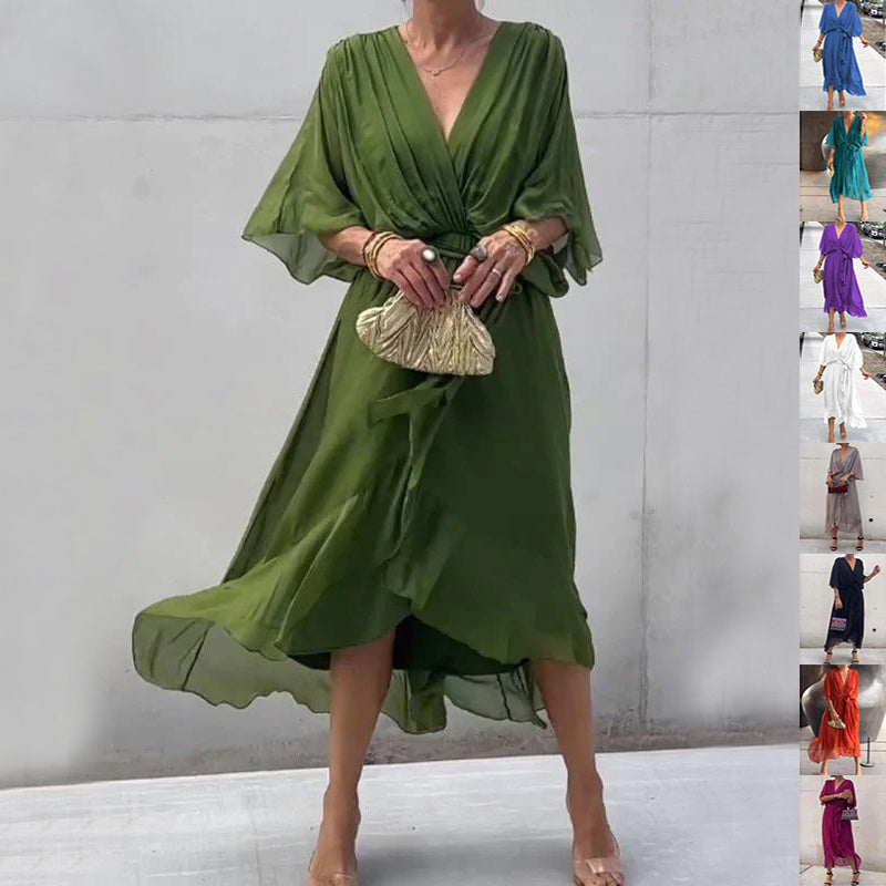 Batwing Sleeve V-Neck Fairy Dress Mid-Length Summer Casual Dress