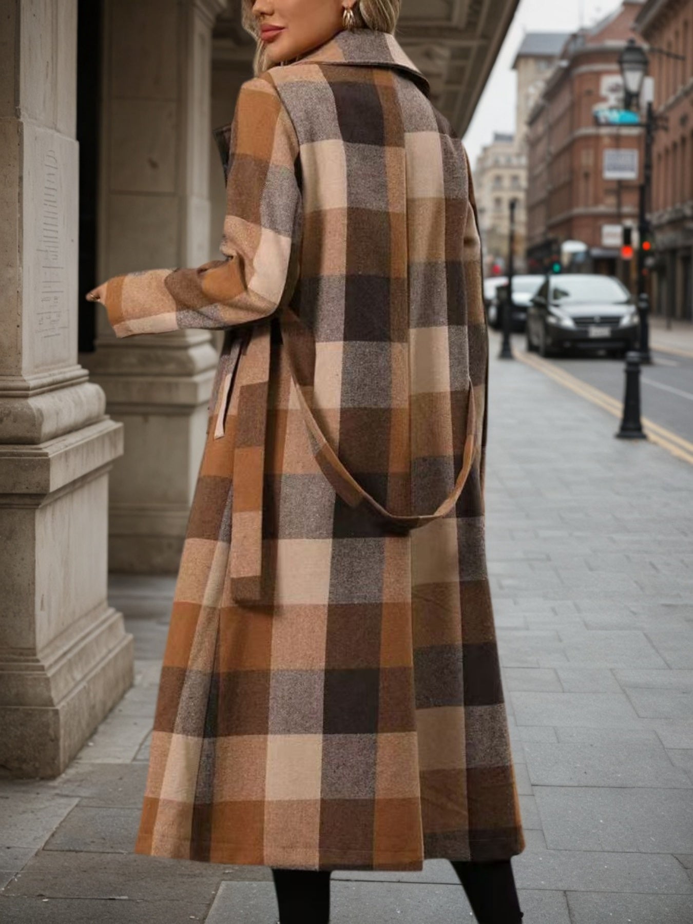Women’s Lapel Woolen Double-Breasted Long Coat with Lace-Up Detail