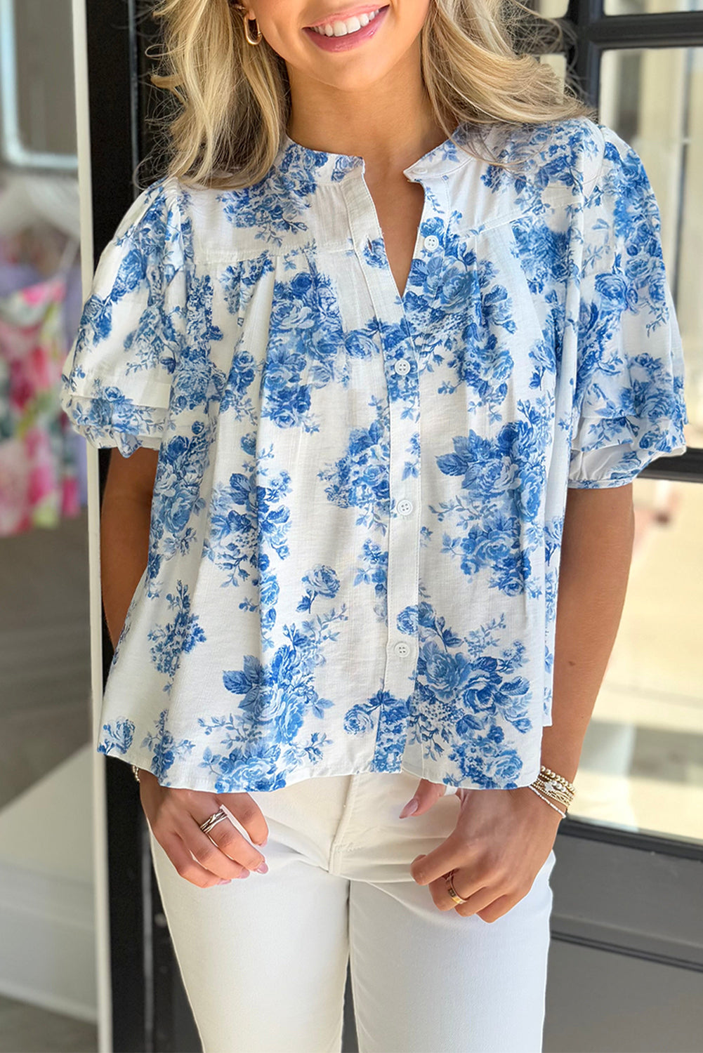 Sky Blue Floral Tiered Puff Short Sleeve Pleated Bust Buttoned Casual Shirt