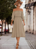 Off-Shoulder Flounce Sleeve Midi Dress