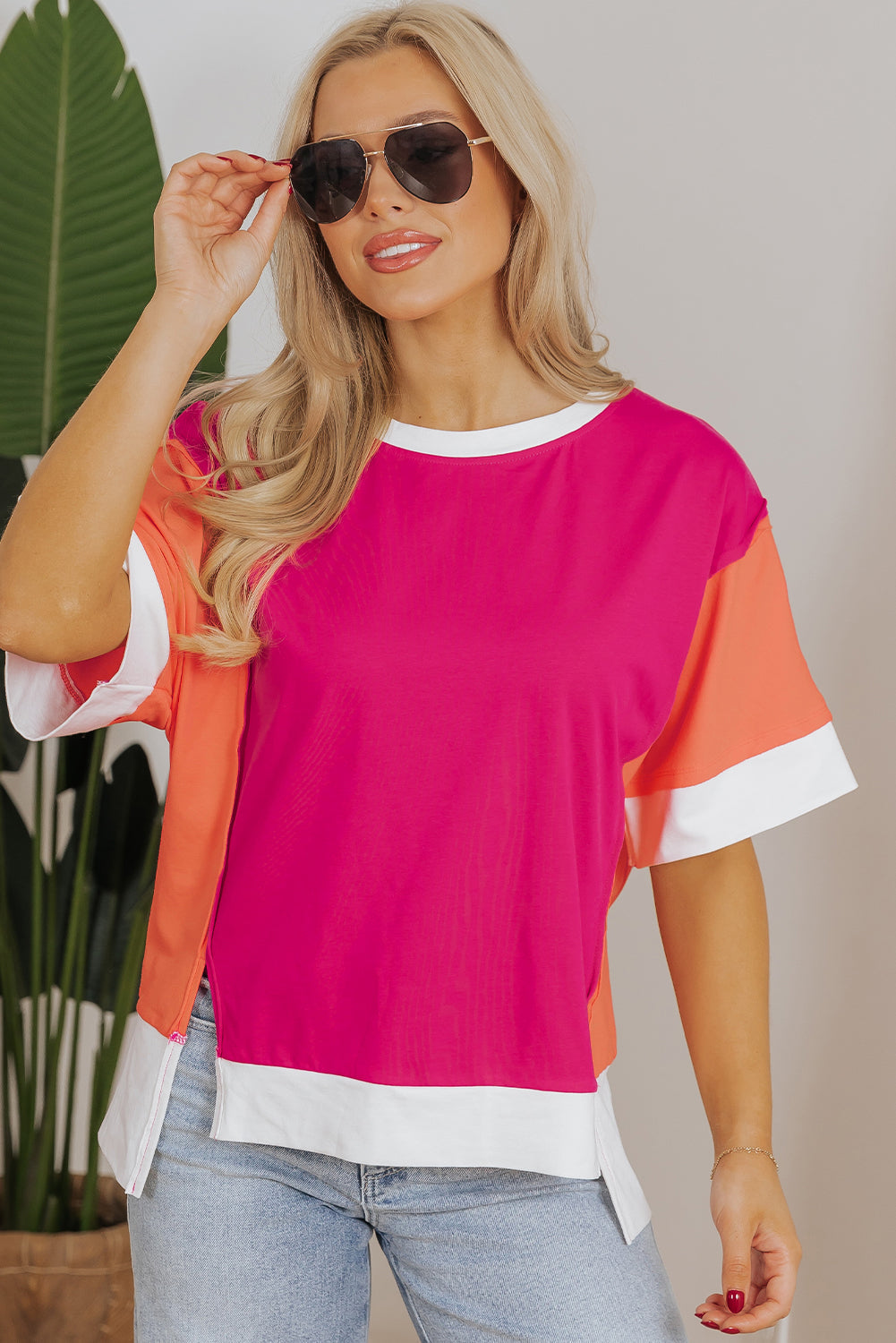 Rose Red Color Block Patchwork Side Slit Loose T-Shirt