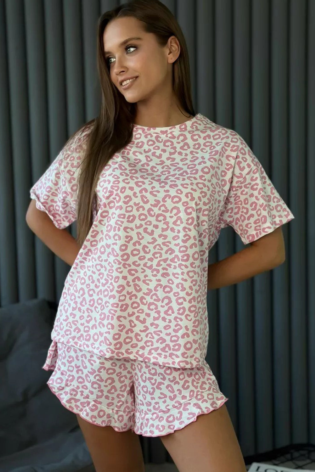 Pink Leopard Print Pajama Set | Round Neck Top & Ruffle Shorts