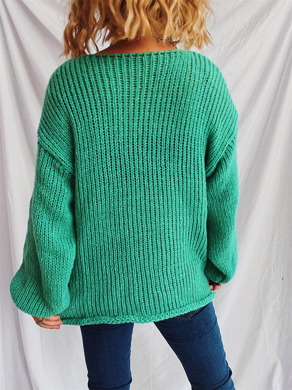Women's White Boat Neck Dropped Shoulder Loose Knit Sweater - Image 17