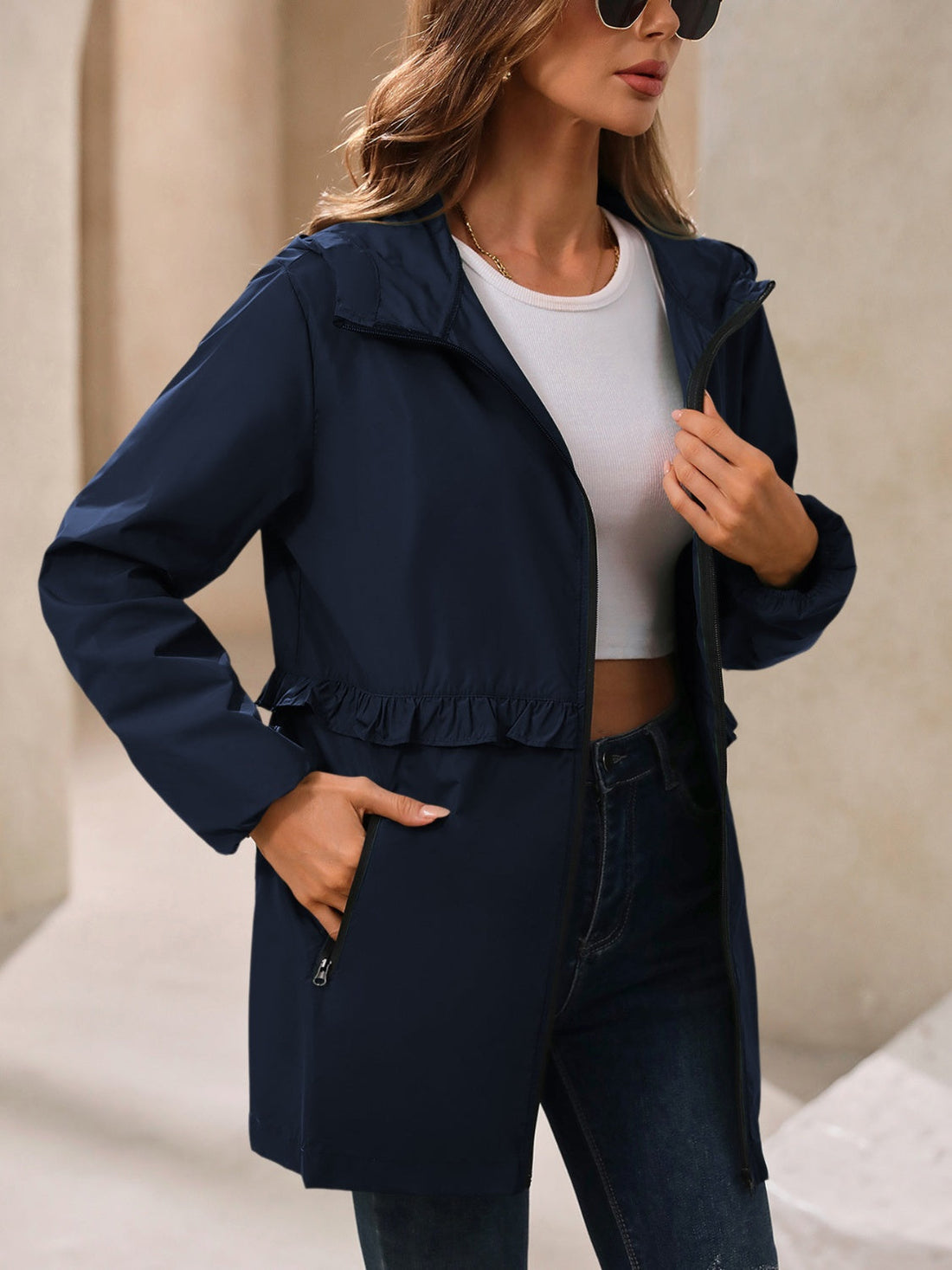 Women's Waterproof Hooded Windbreaker Jacket with Waist Detail - Image 3
