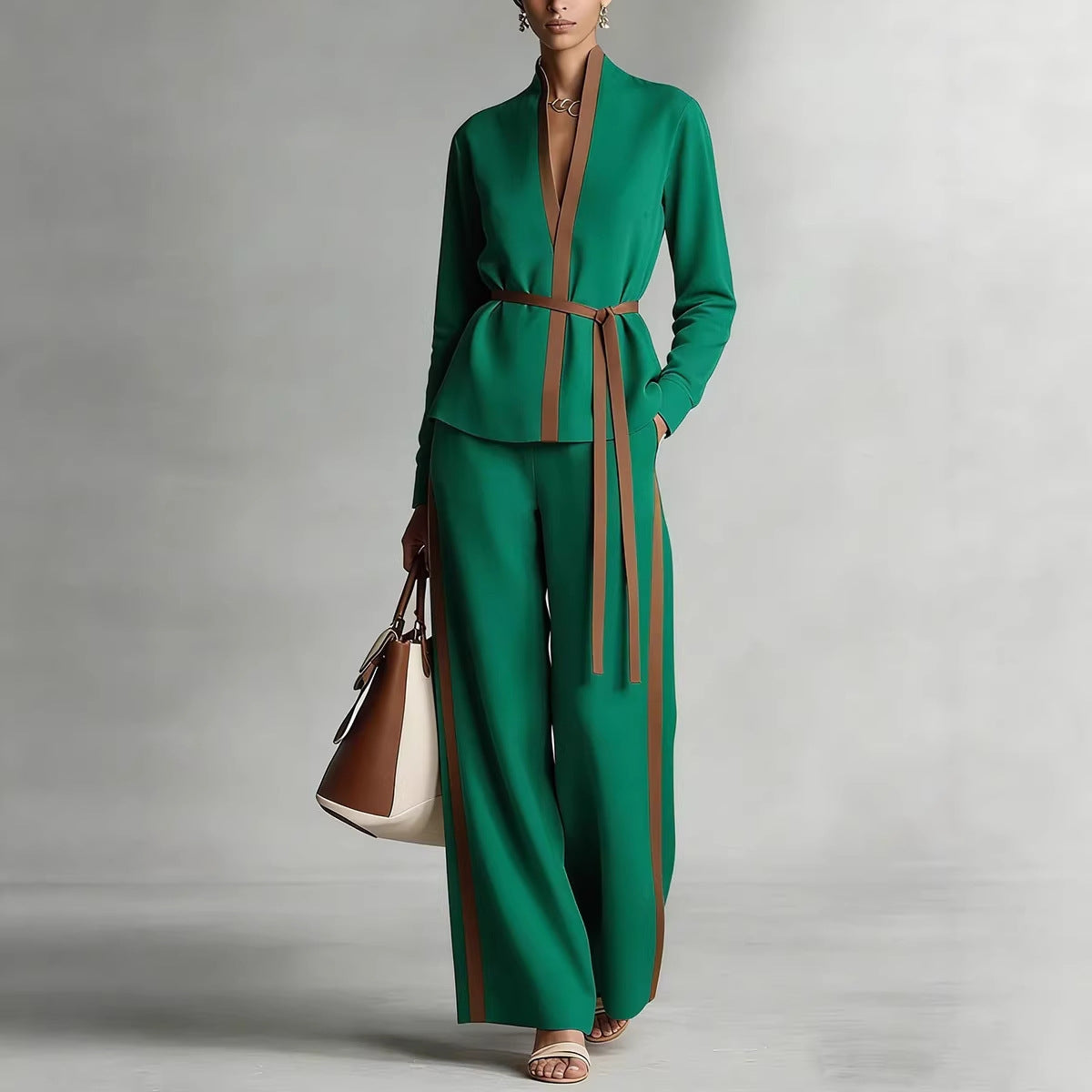 Women’s Contrast Trim Belted Cardigan and Wide Leg Pants Set - Image 3