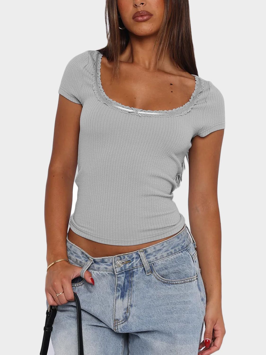 Lace Detail Scoop Neck Short Sleeve T-Shirt in White