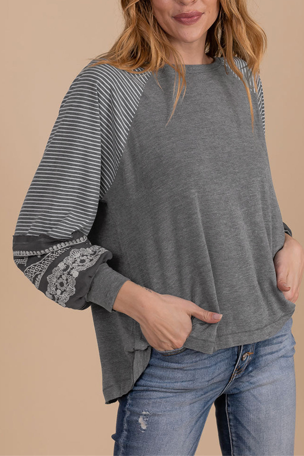 Tillandsia Purple Contrast Print Striped Raglan Long Sleeve Loose Top