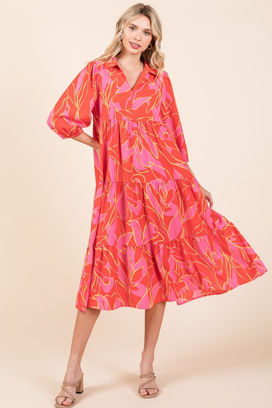 Summer Tiered Printed Collared Midi Dress with Feminine Flair