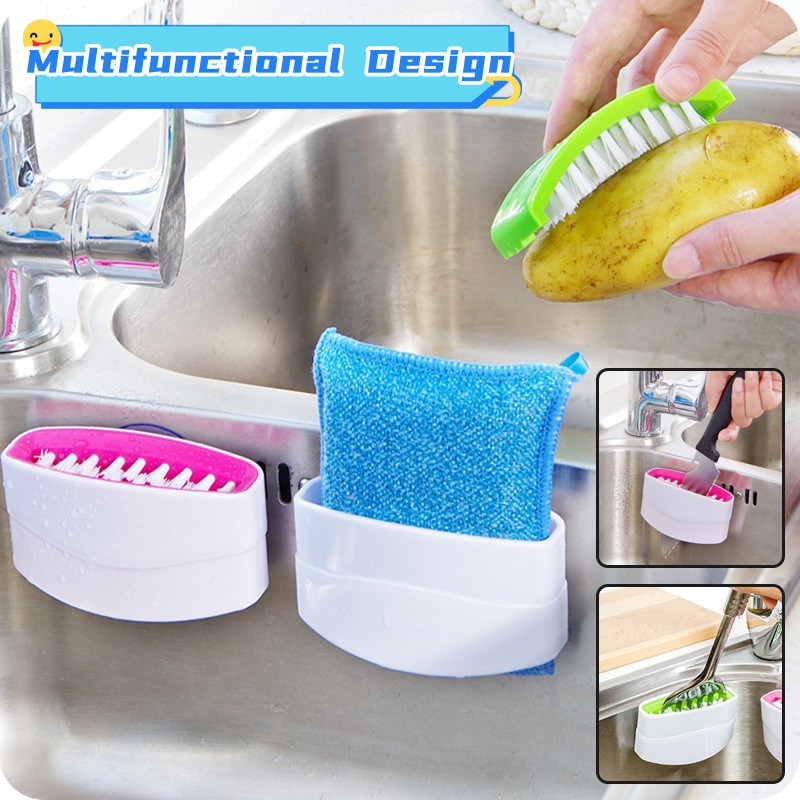 Multipurpose kitchen cleaning brush with nylon bristles and a suction cup mounted to a surface