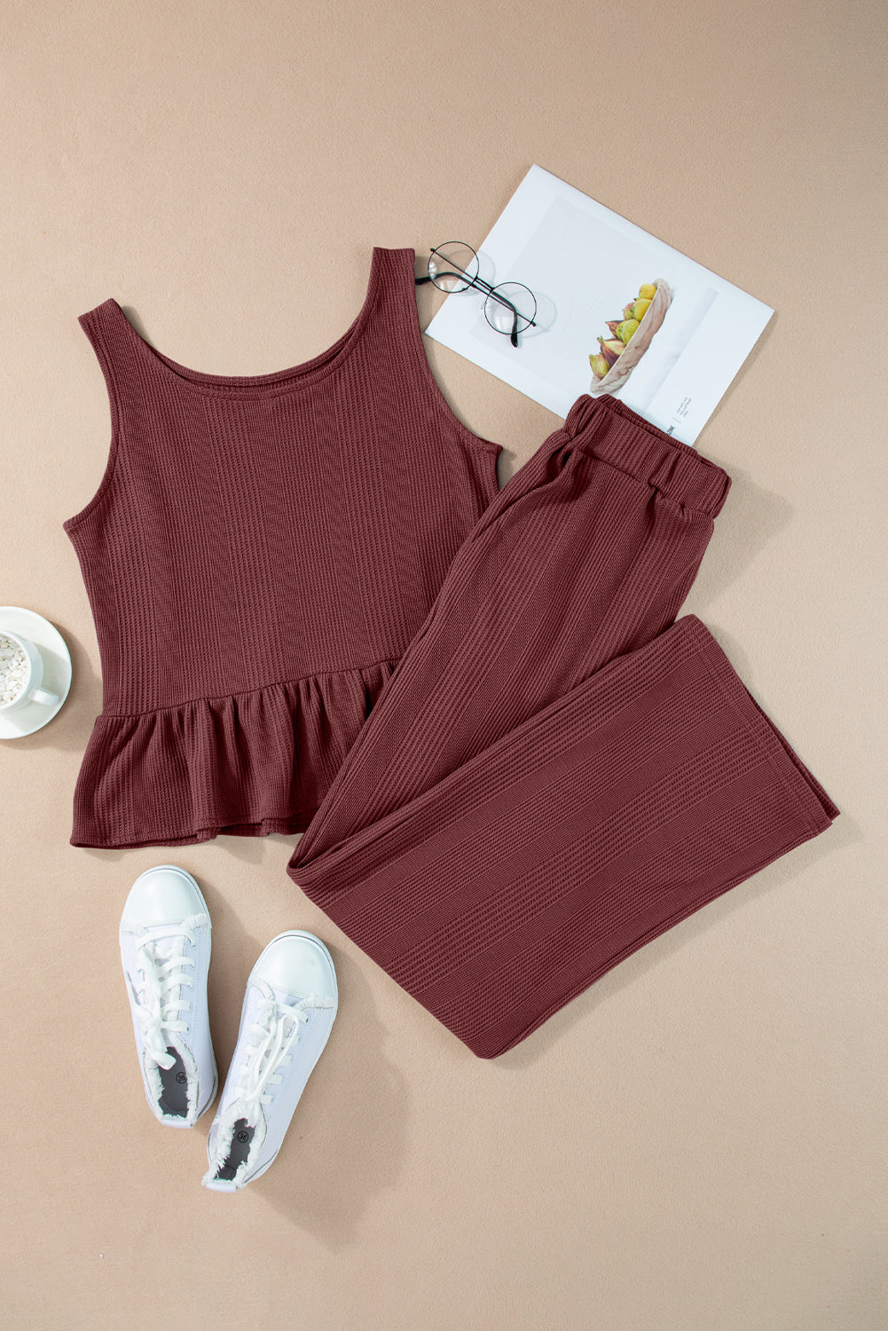 Duffel Green Solid Color Ribbed Ruffle Tank Top and Pants Set