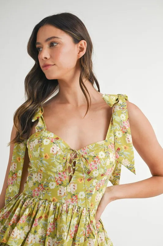 Floral Print Layered Mini Dress with Adjustable Shoulder Ties
