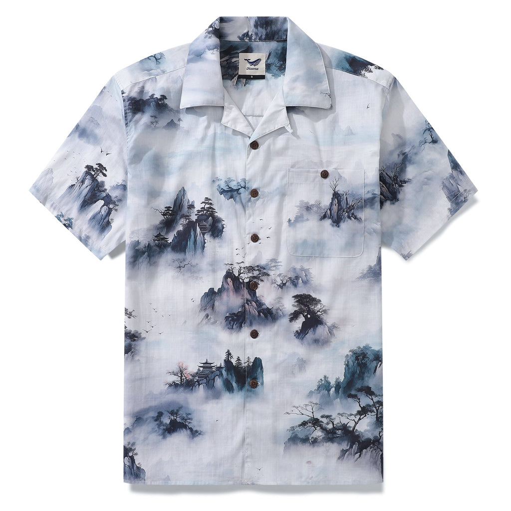 Men's 100% cotton camp collar Hawaiian shirt featuring an artistic mountain and cloud landscape print.