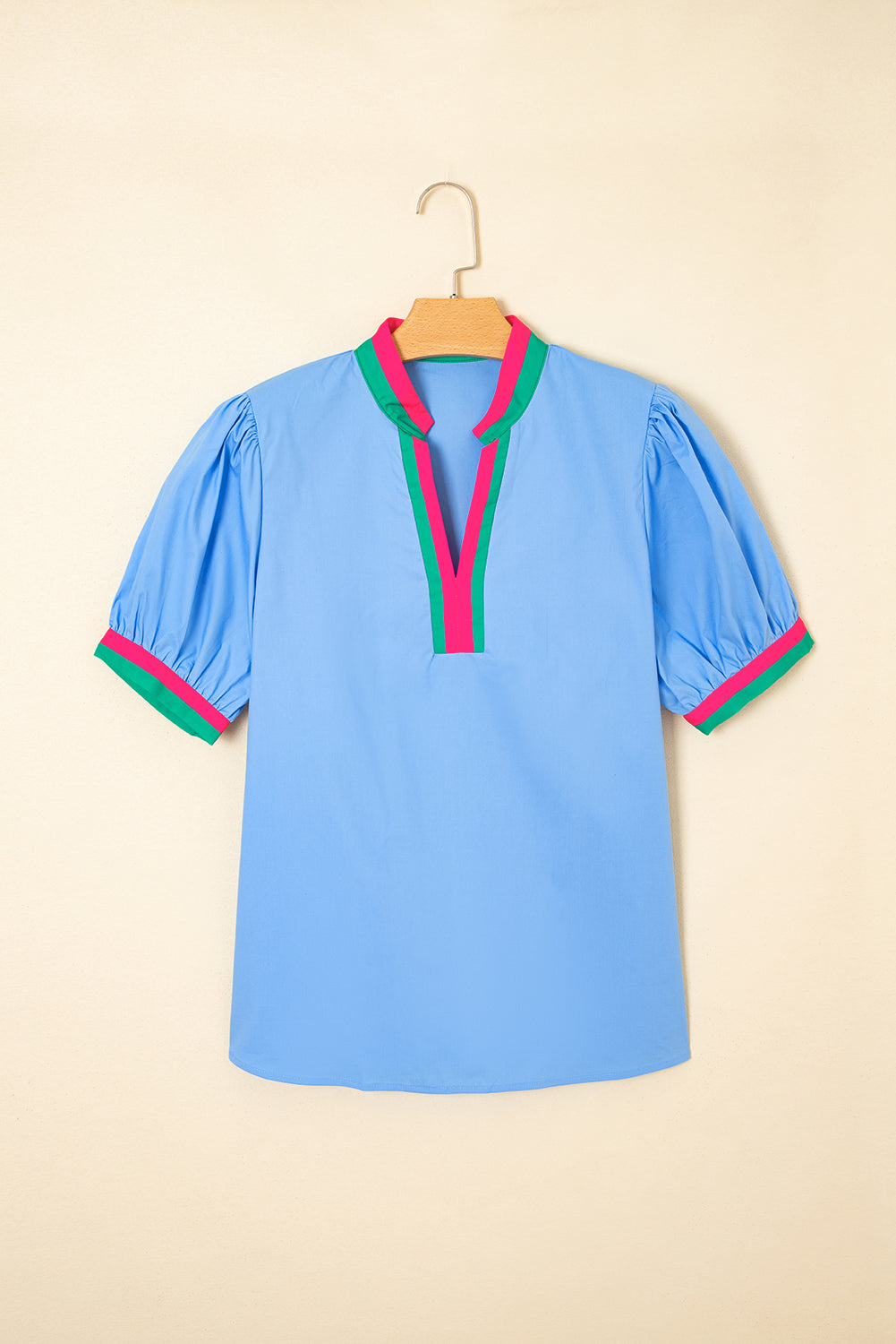 Contrast Stripe V-Neck Collision Short Puff Blouse