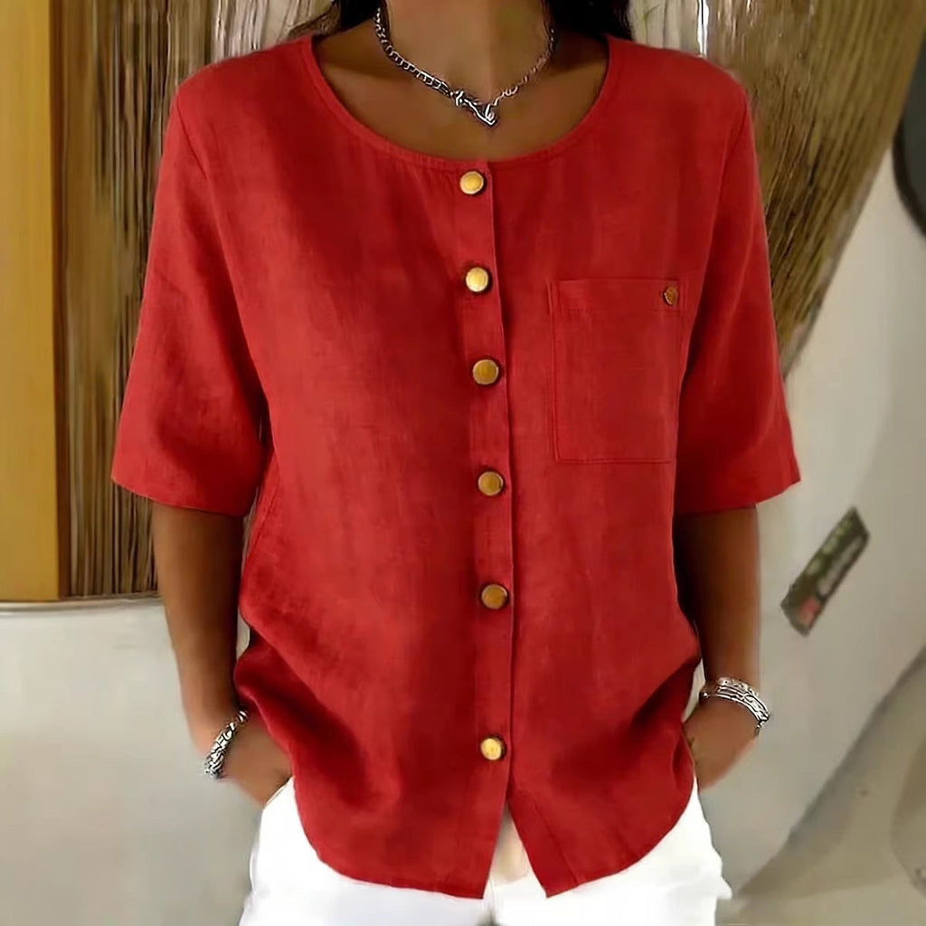 Crew Neck 3/4 Sleeve Blouse with Metal Buttons - Image 3