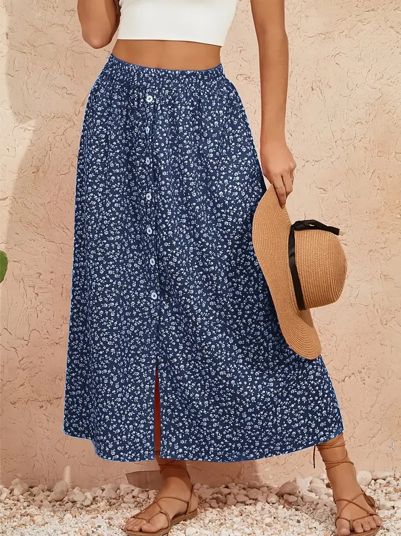 Bohemian Floral Print A-Line Skirt with Self-Tie Waist