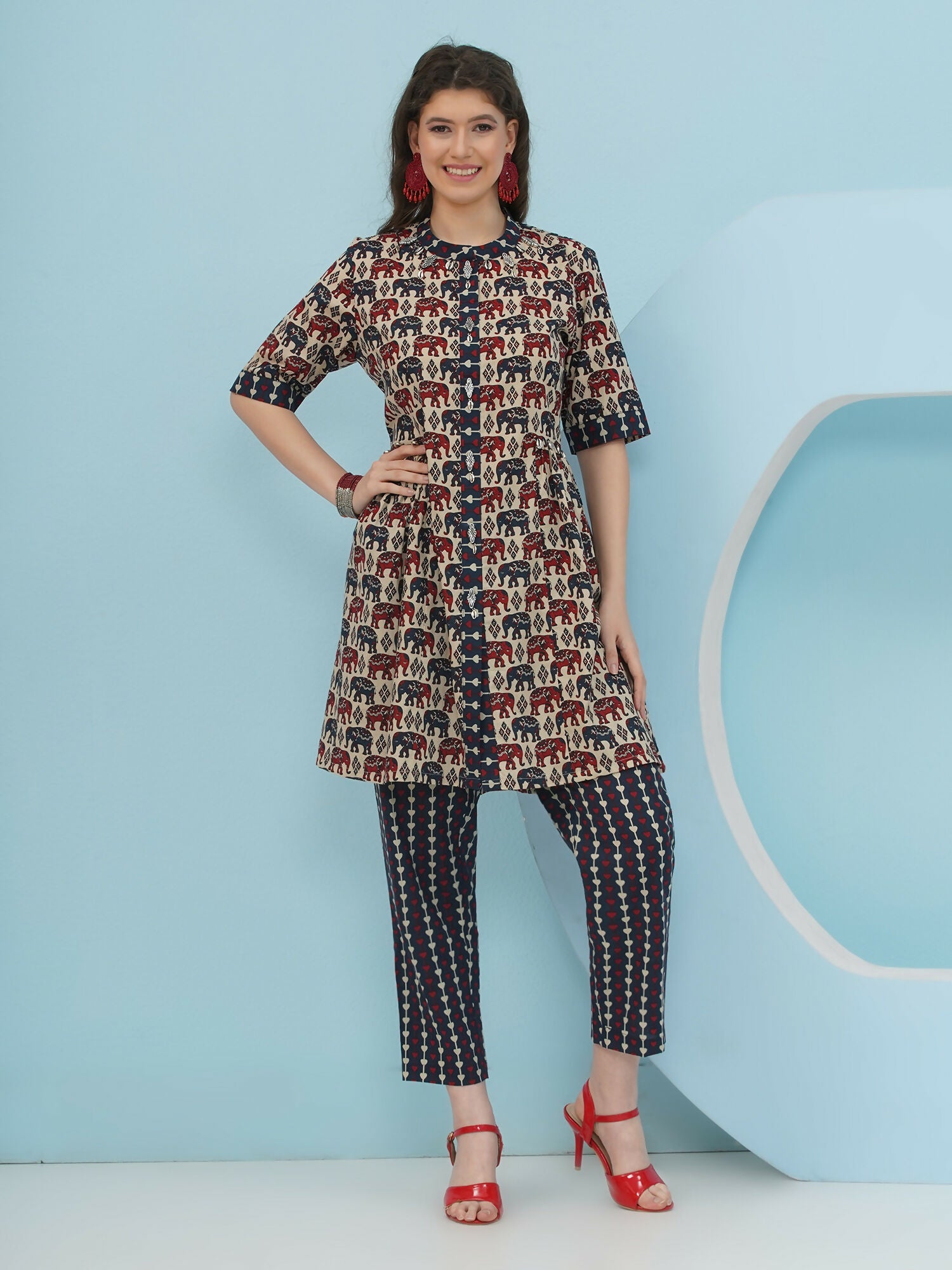 Beige Elephant Printed Cotton Co-Ord Set for Women
