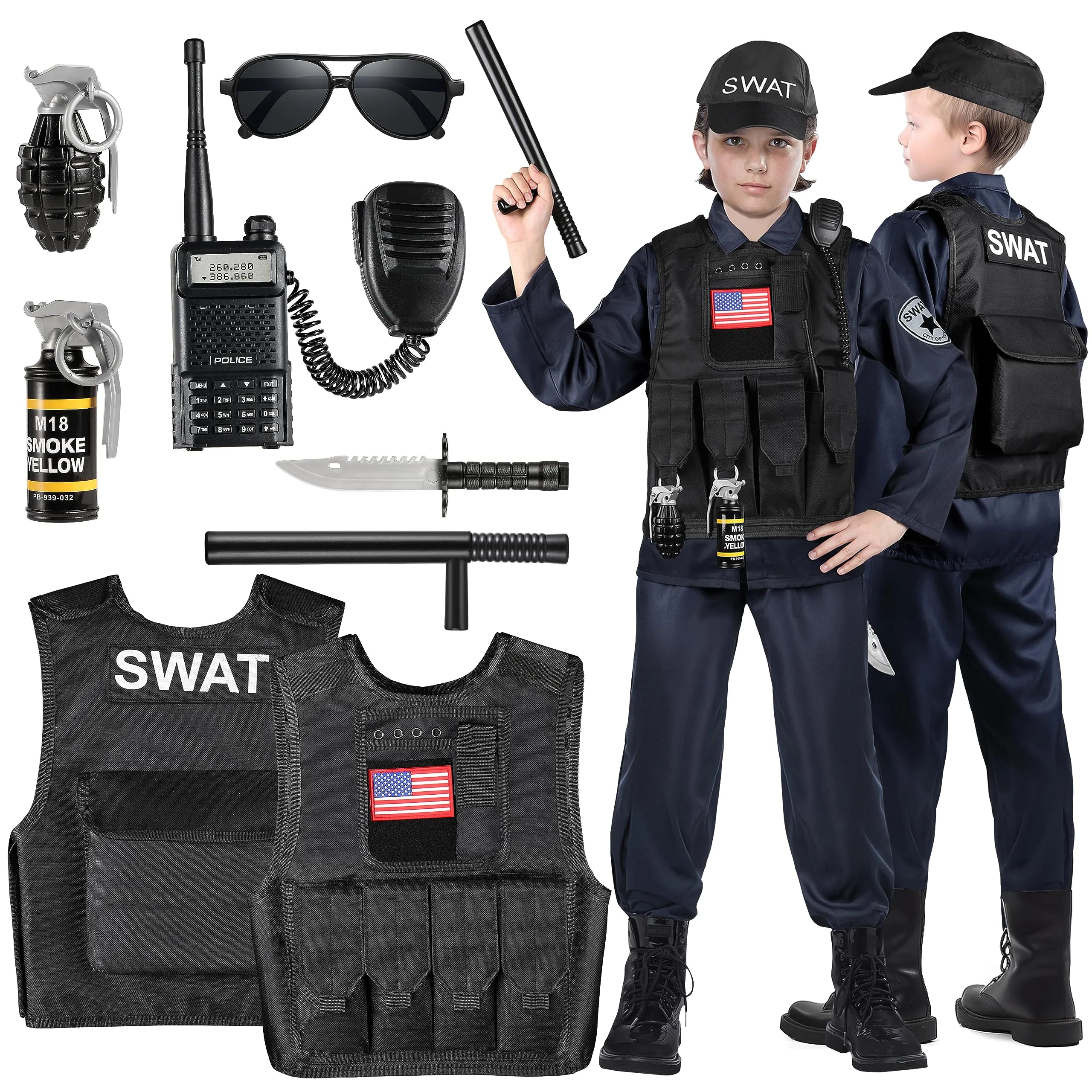 Luucio SWAT Police Officer Costume for Kids Police Costume for Kids with SWAT Costume SWAT Vest Halloween Costume for Boys Role Play Kit for Boys Girls