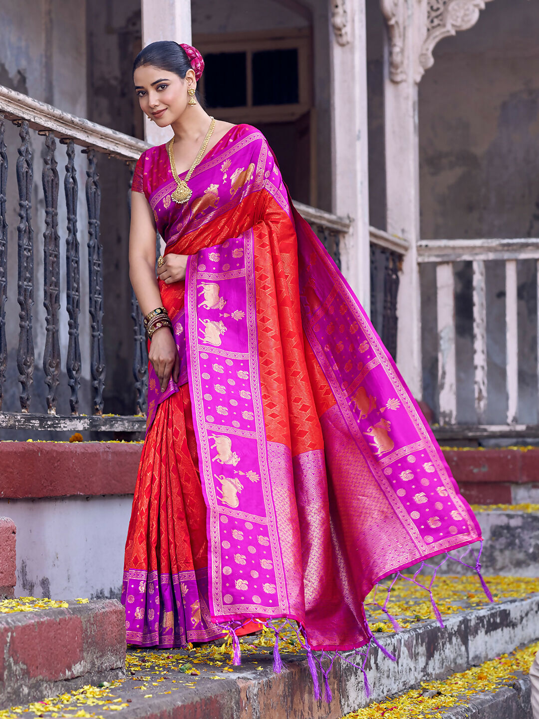 Red Soft Silk Saree with Purple Blouse Traditional Ethnic Wear