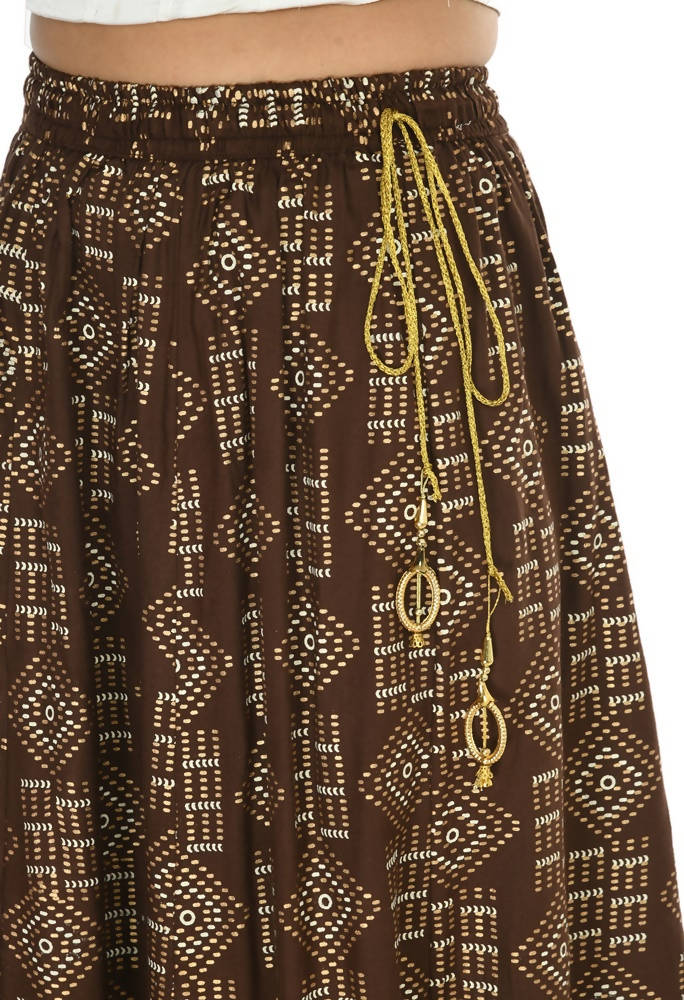 Coffee Brown Printed Cotton A-Line Floor Length Bohemian Lehenga