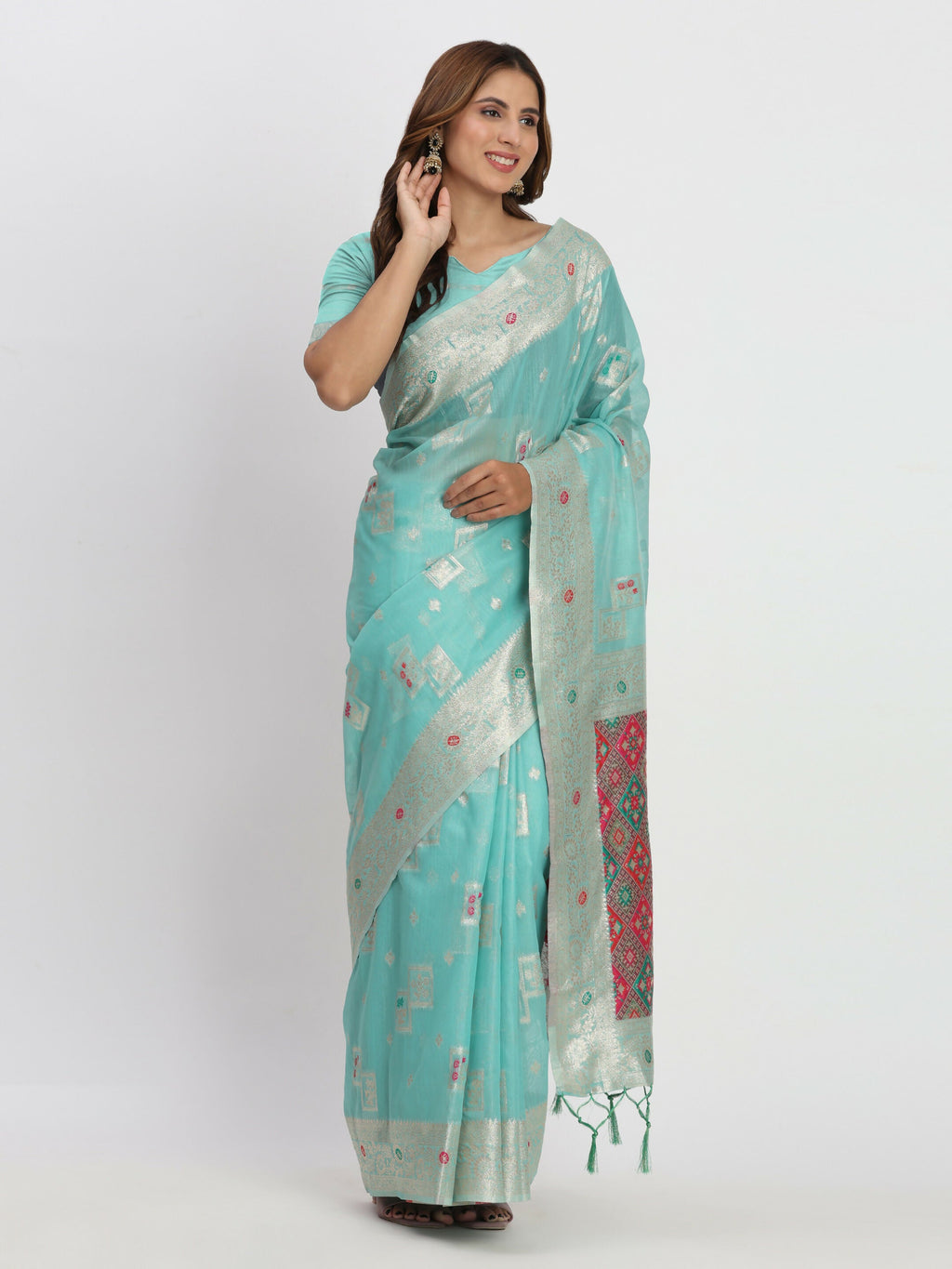 Elegant Sea Green Linen Cotton Saree with Blouse