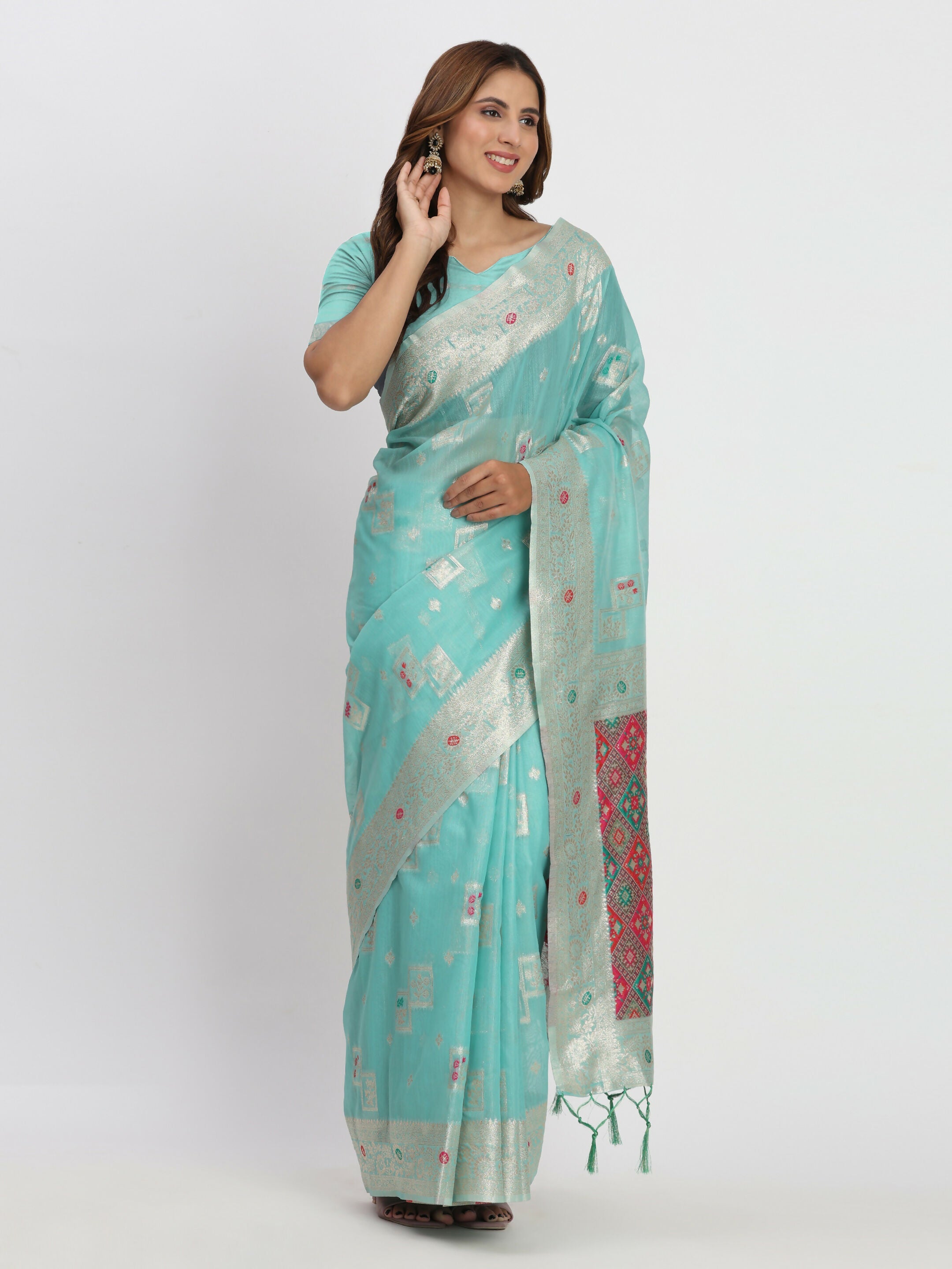 Elegant Sea Green Linen Cotton Saree with Blouse