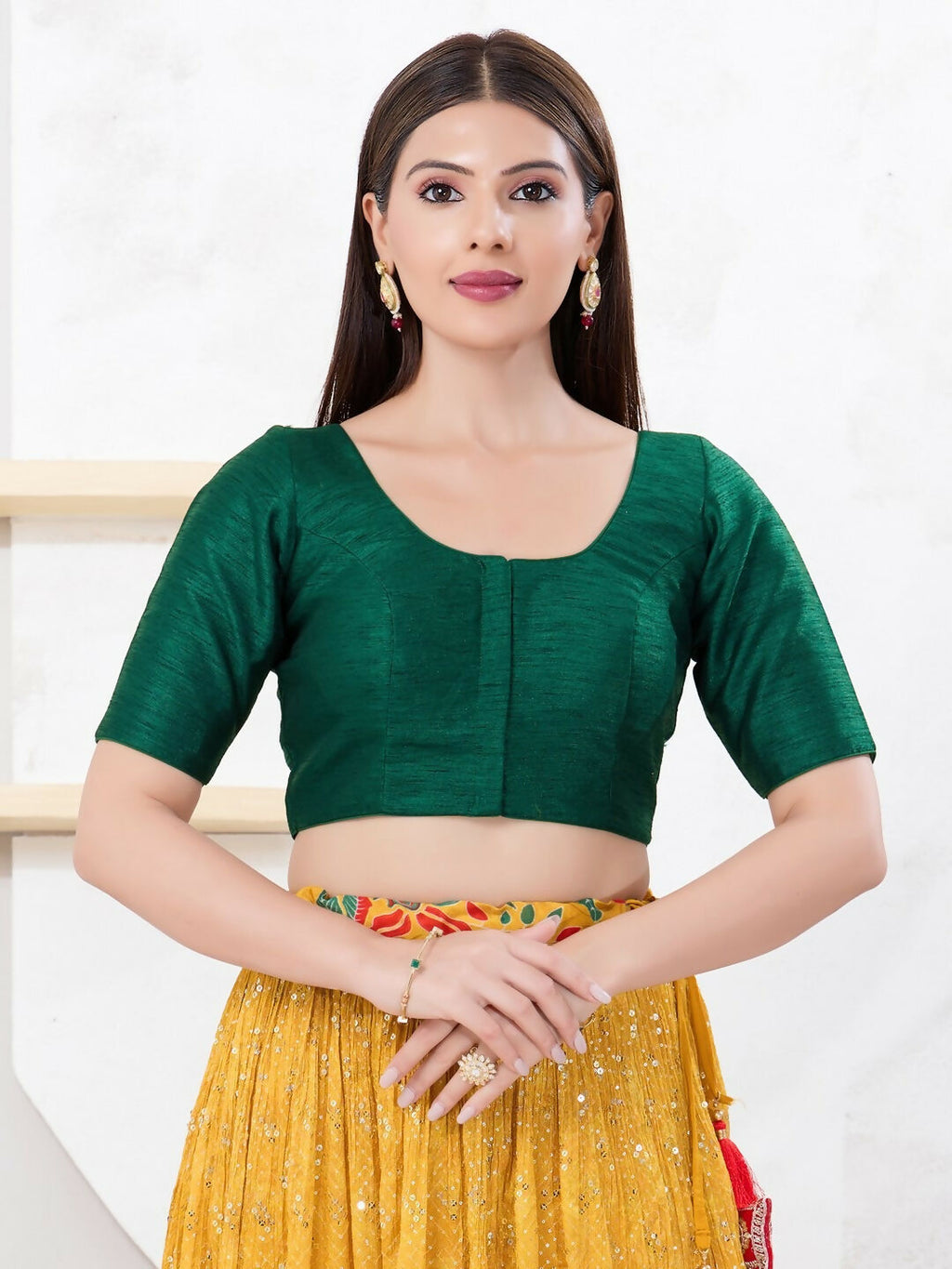 Bottle-Green Dupion Silk sleeveless blouse with round neck and front-open closure