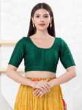 Bottle-Green Dupion Silk sleeveless blouse with round neck and front-open closure