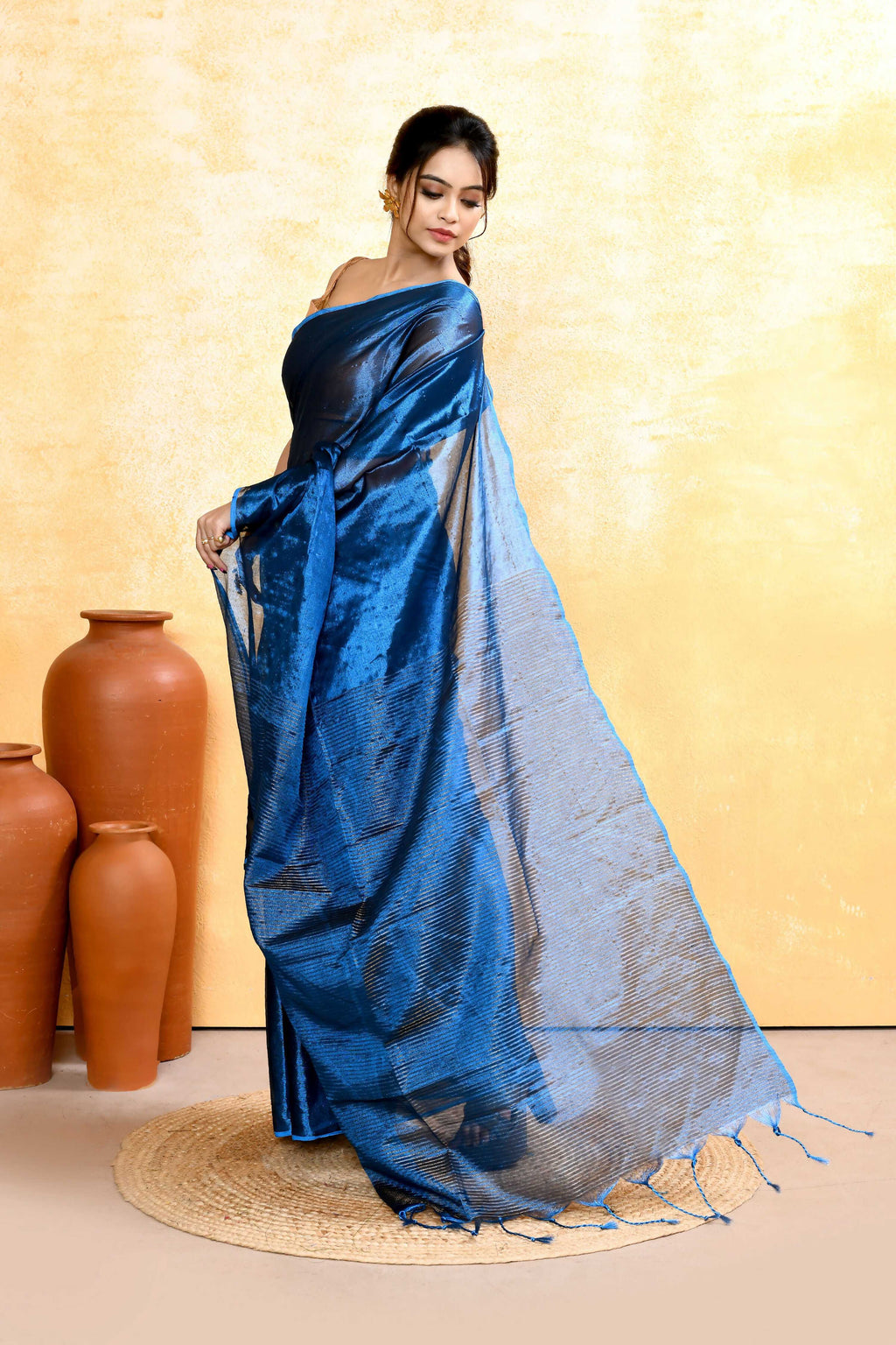 Blue Dual Tone Organic Tissue Saree with Unstitched Blouse Piece