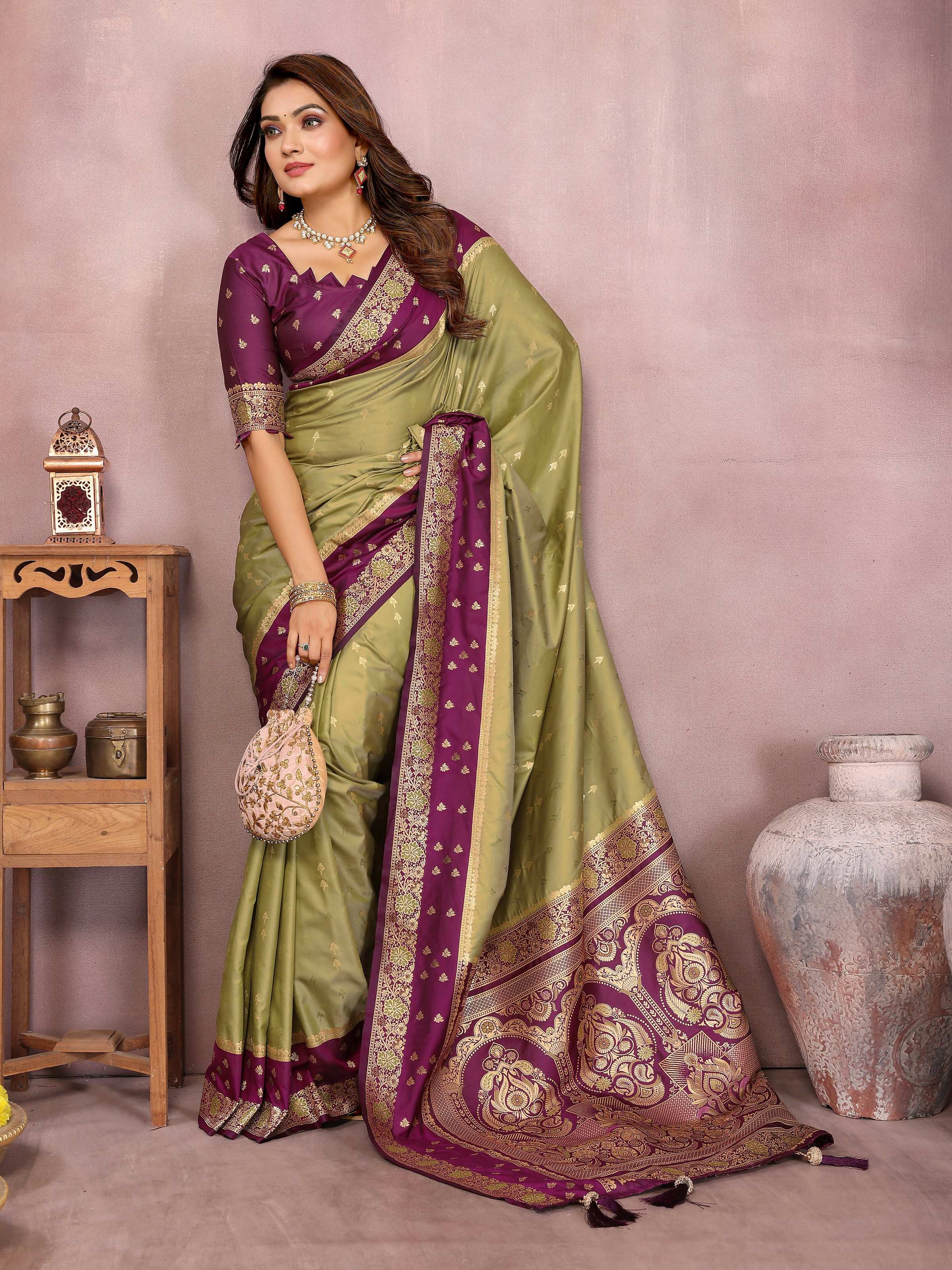 Mehndi Kalamkari Silk Zari Woven Saree with Traditional Motifs
