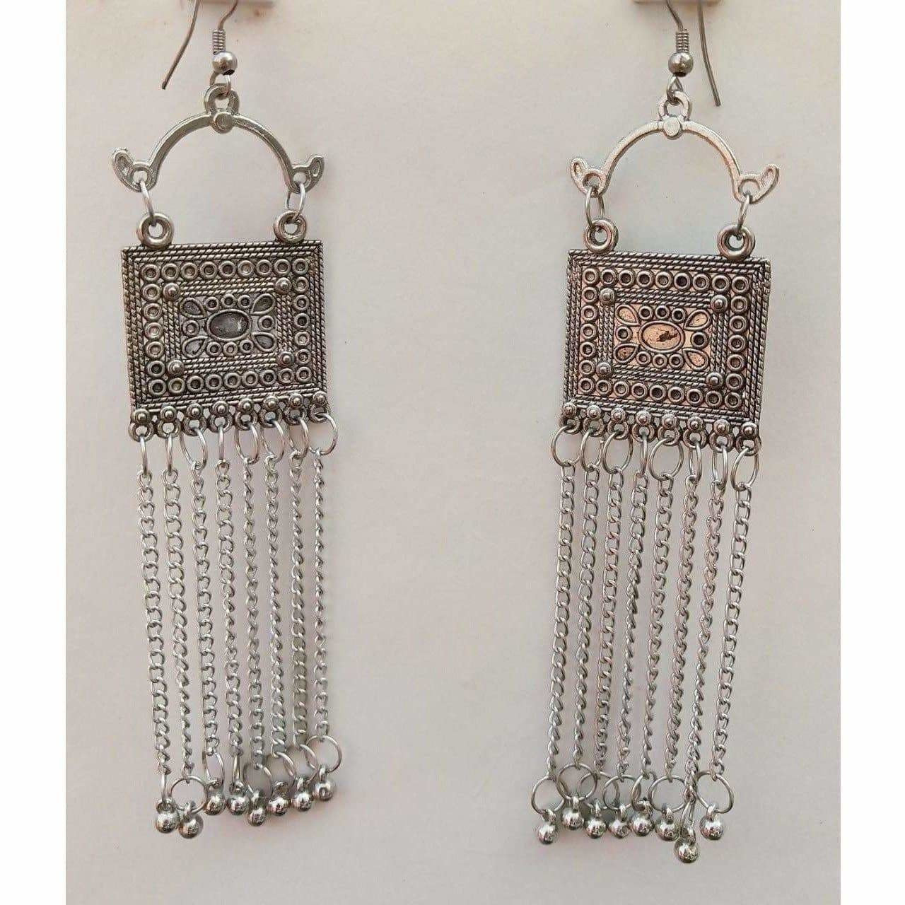 Silver Oxidized Long Tassel Chain Party Wear Earrings