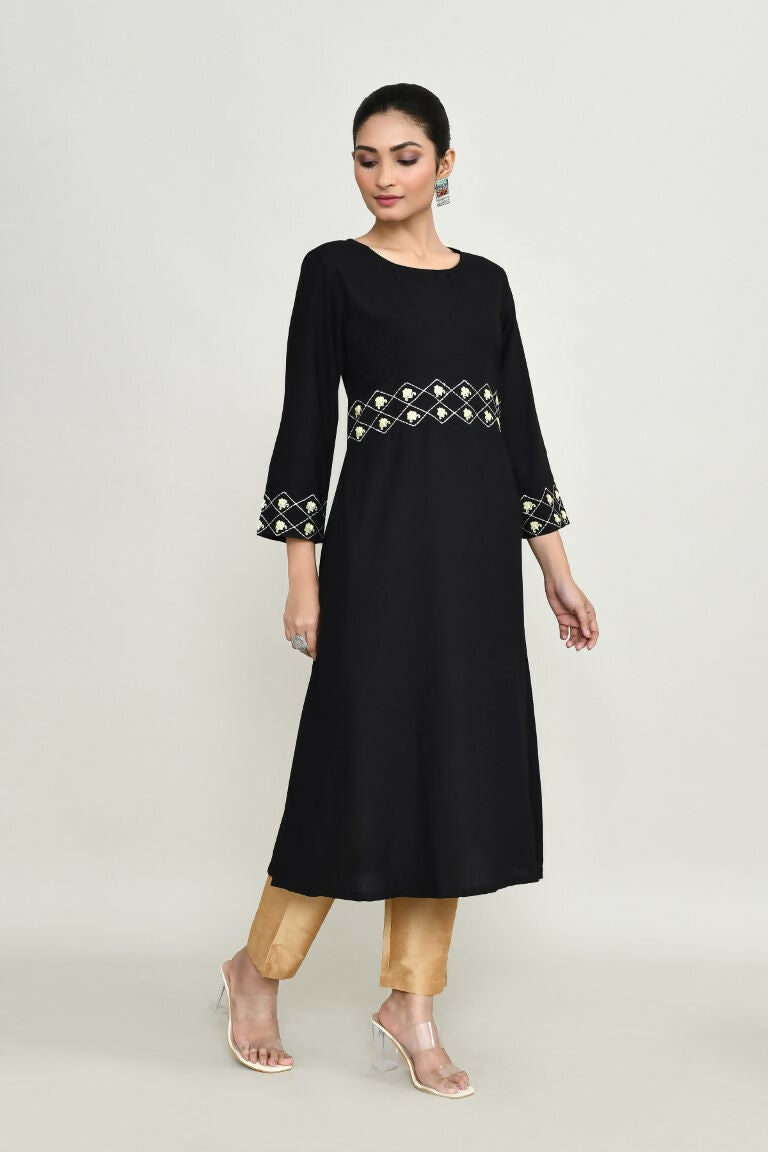 Black Rayon Kurta Set with Golden Dupion Silk Pants & Embroidery