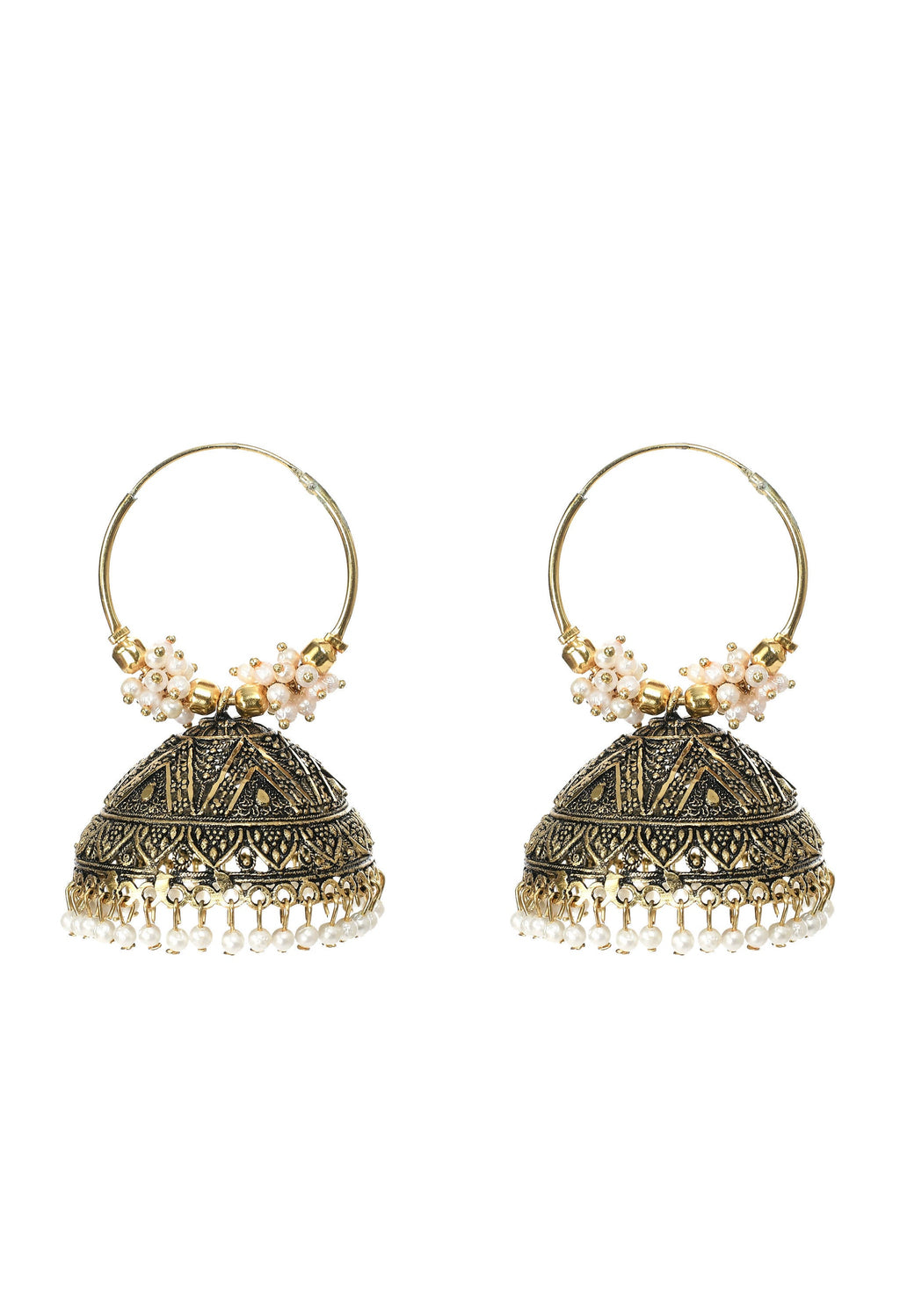Close-up of golden Johar Kamal design jhumka earrings with bead accents