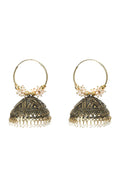 Close-up of golden Johar Kamal design jhumka earrings with bead accents
