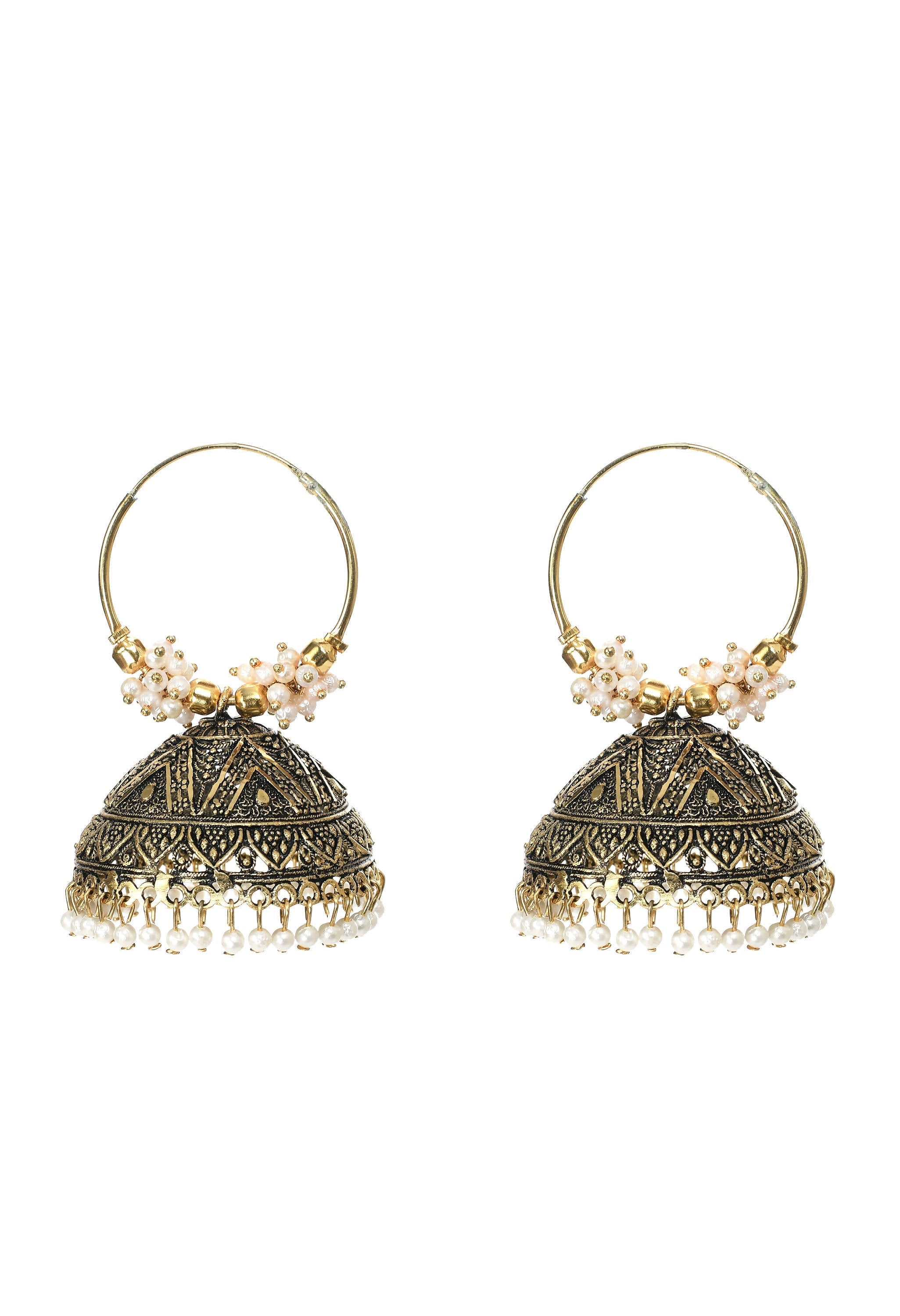 Close-up of golden Johar Kamal design jhumka earrings with bead accents