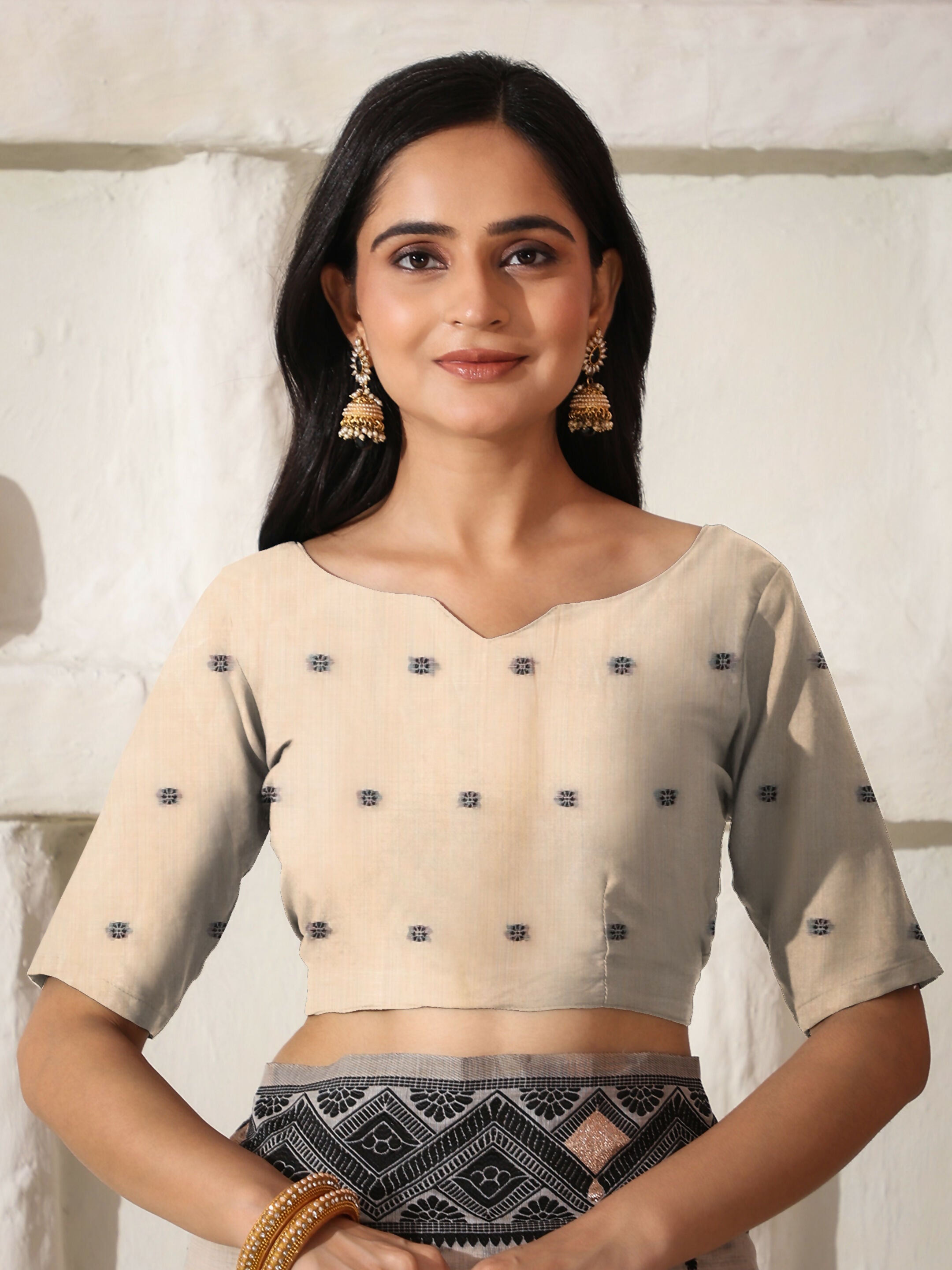 Black and Cream Linen Cotton Saree with Matching Blouse