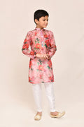 Soft Peach Georgette Kurta paired with white straight-fit trousers