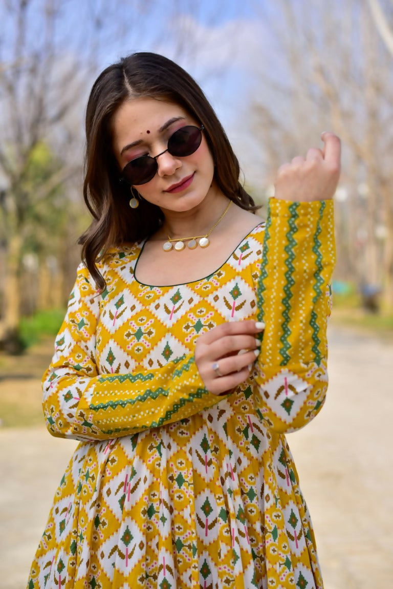 Mustard Heavy Digital Printed Cotton Silk Anarkali Maxi Dress