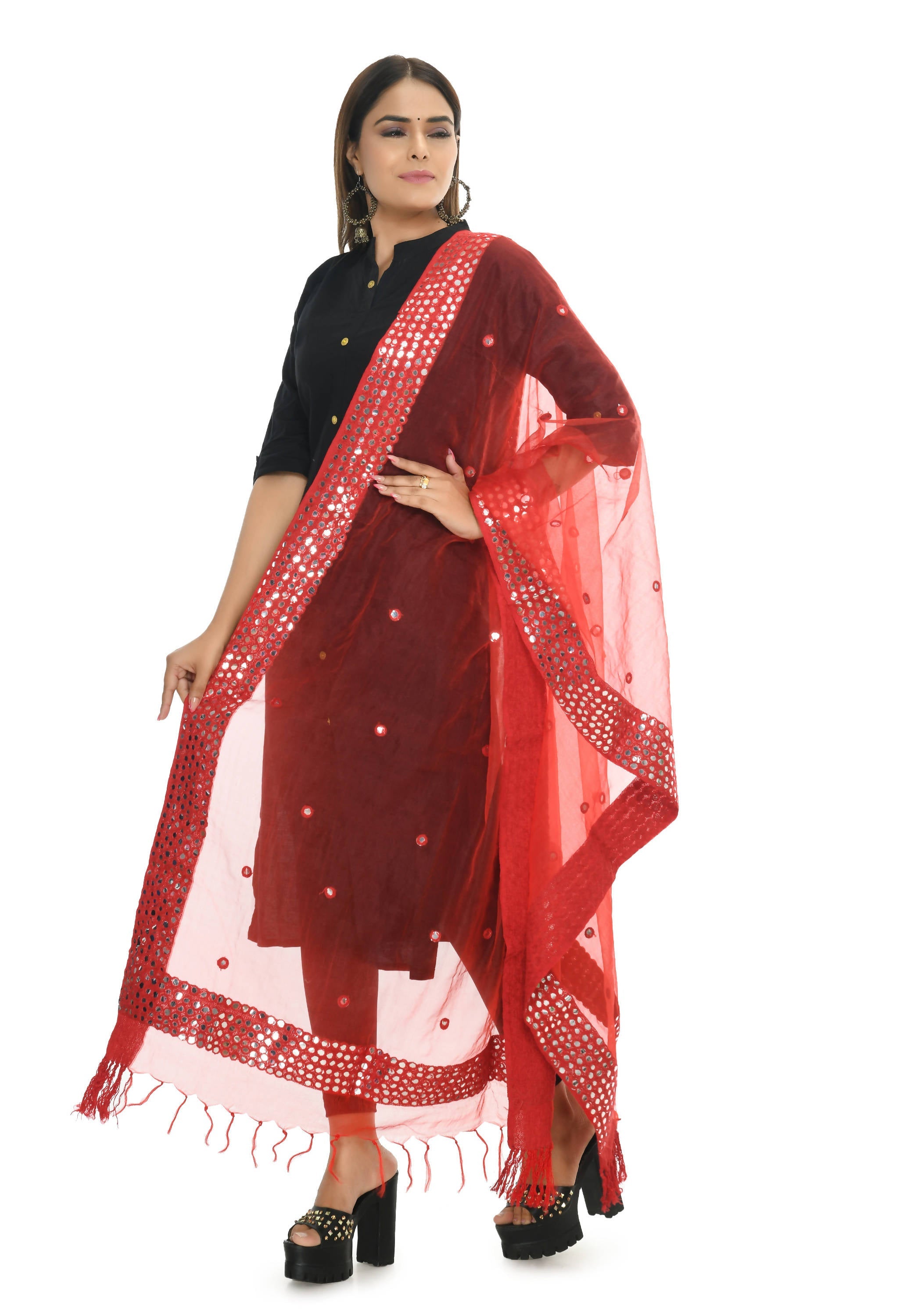 Red Dupatta with 6 Line Mirror Border - Organza Cotton
